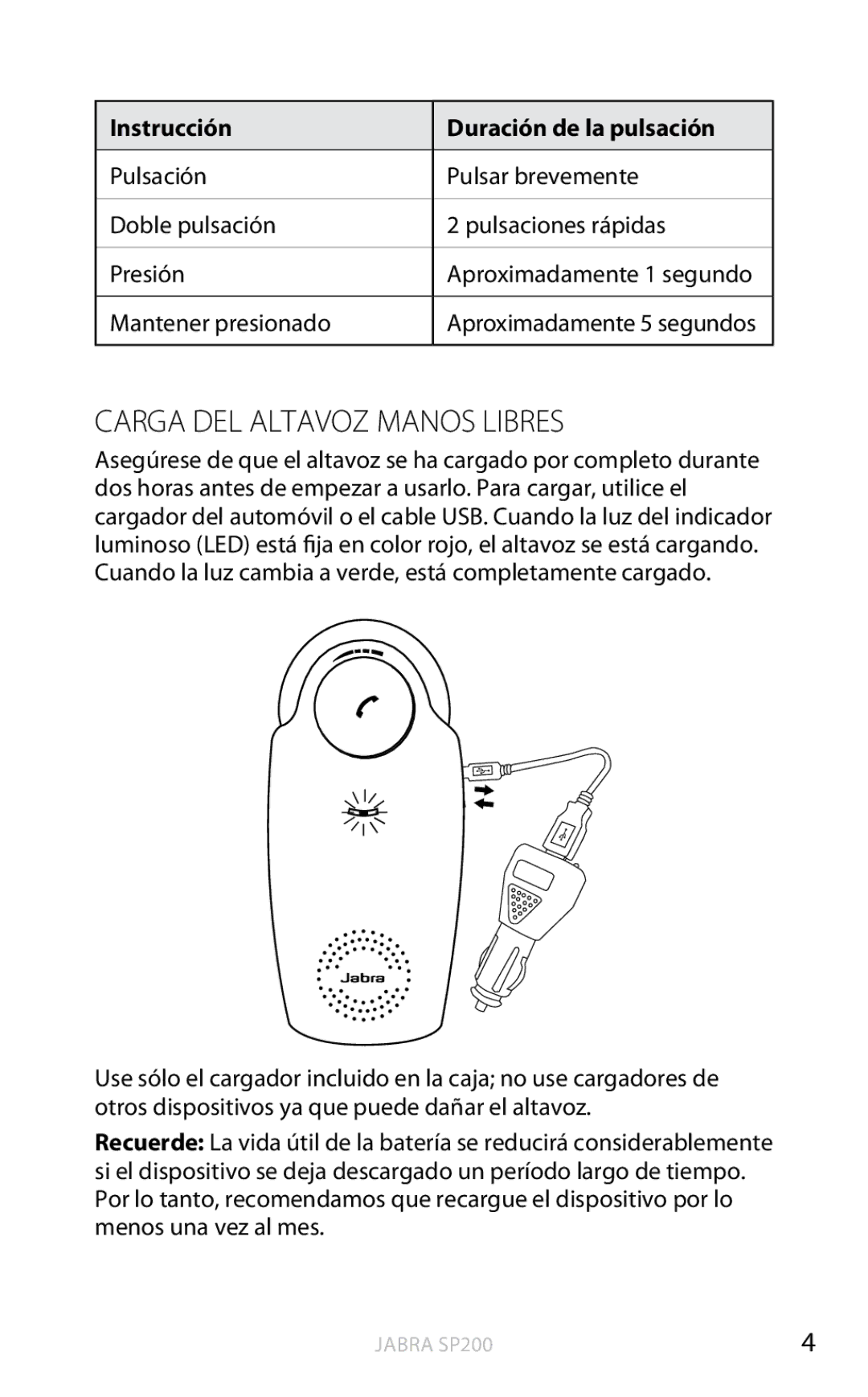 Jabra SP200 user manual Carga del altavoz manos libres, Instrucción Duración de la pulsación 