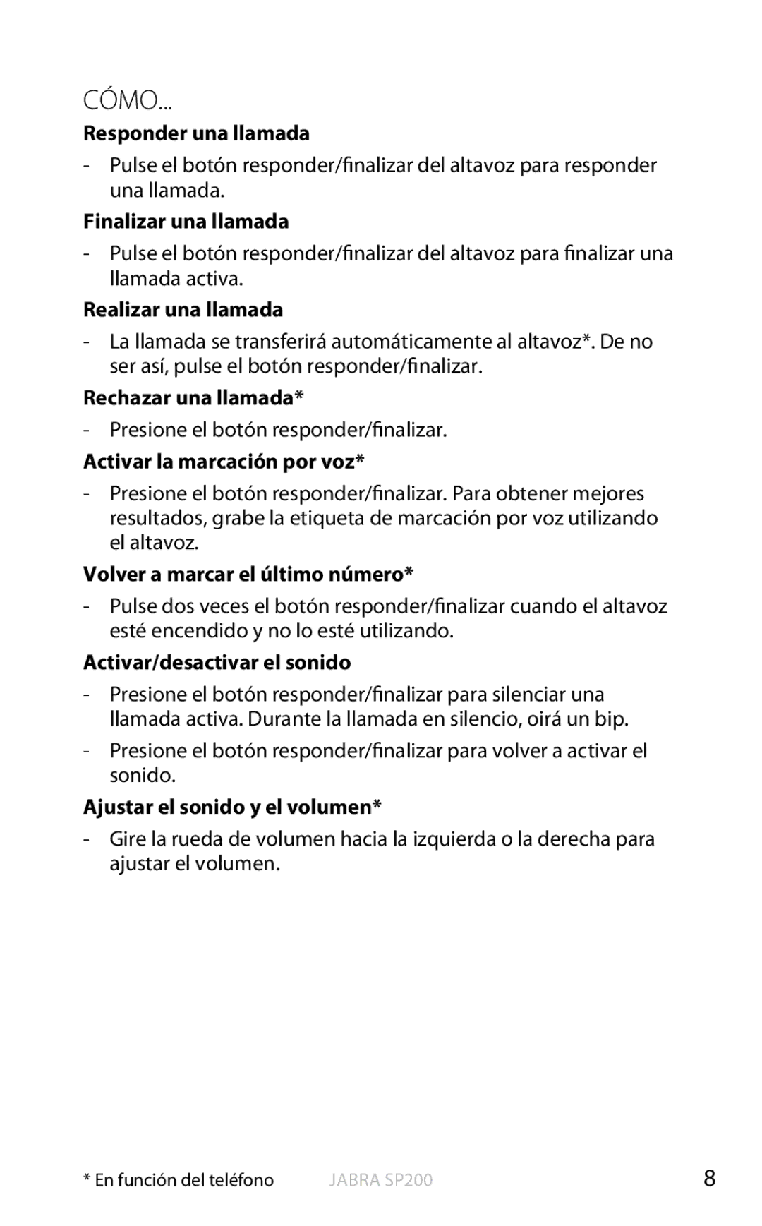 Jabra SP200 user manual Cómo 