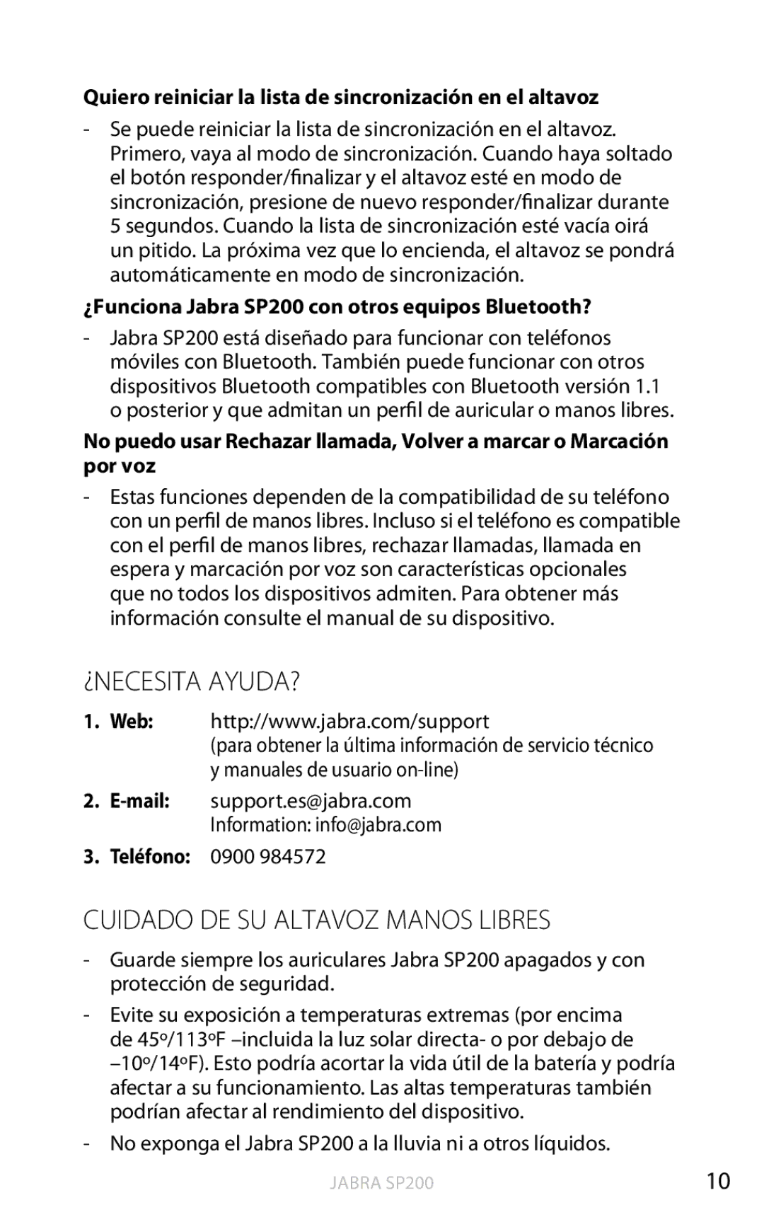 Jabra ¿Necesita ayuda?, Cuidado de su altavoz manos libres, ¿Funciona Jabra SP200 con otros equipos Bluetooth? 