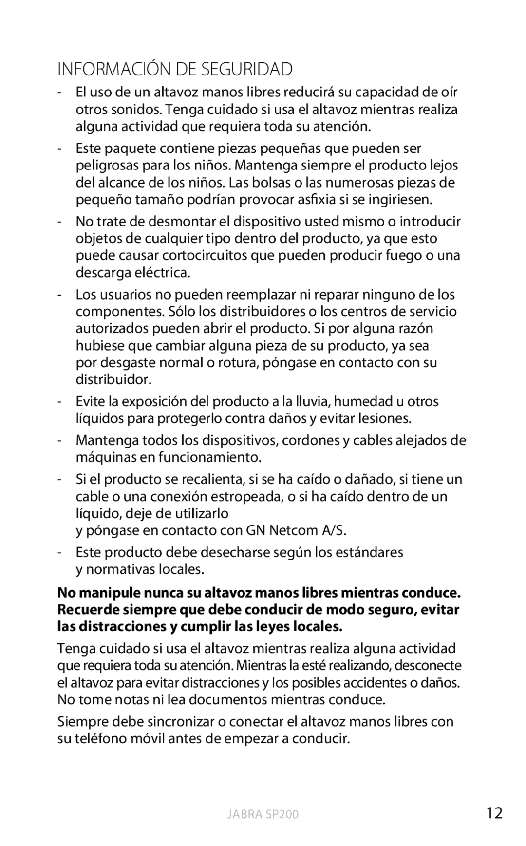 Jabra SP200 user manual Información DE Seguridad 