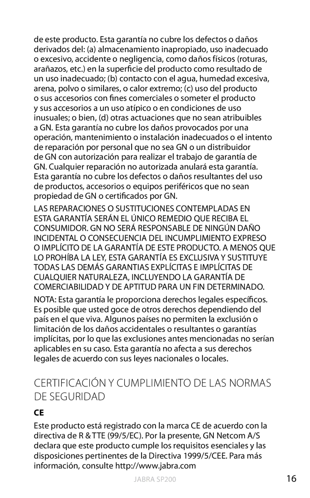 Jabra SP200 user manual Certificación y cumplimiento de las normas de seguridad 