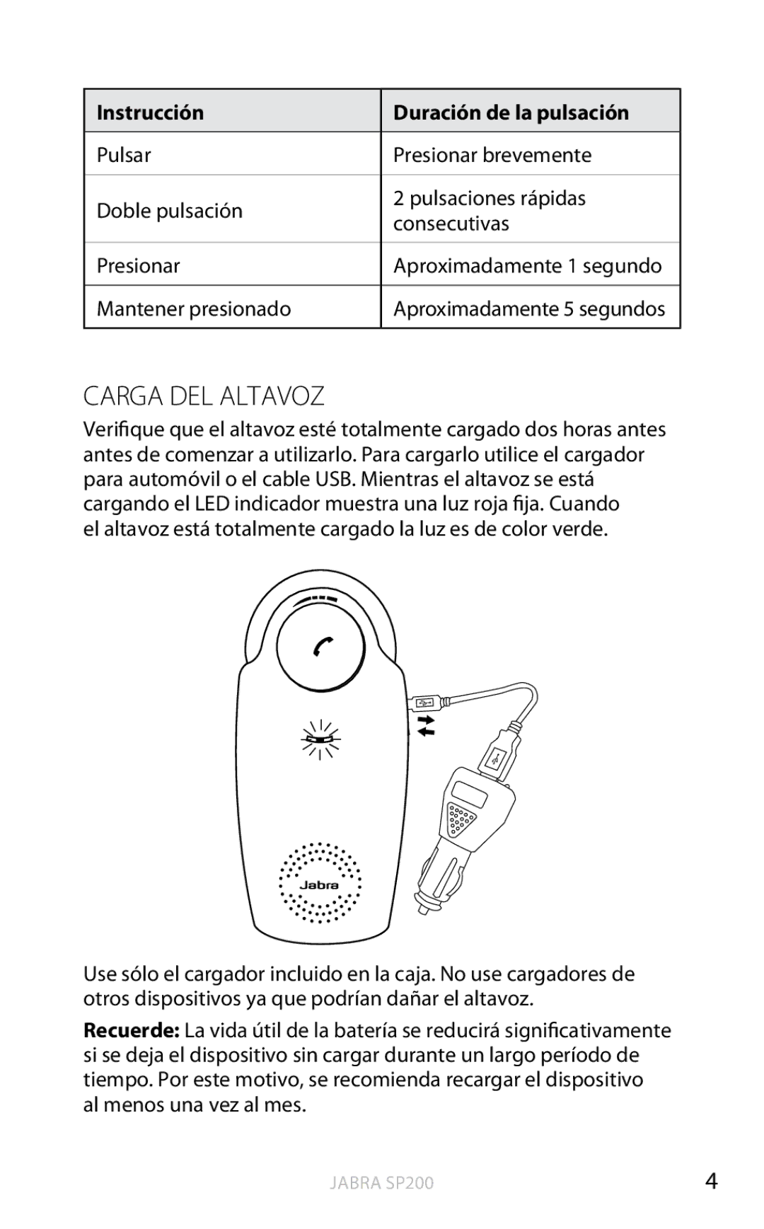 Jabra SP200 user manual Carga del altavoz, El altavoz está totalmente cargado la luz es de color verde 