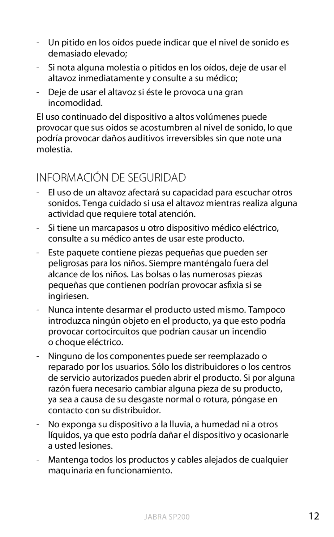 Jabra SP200 user manual Información DE Seguridad 