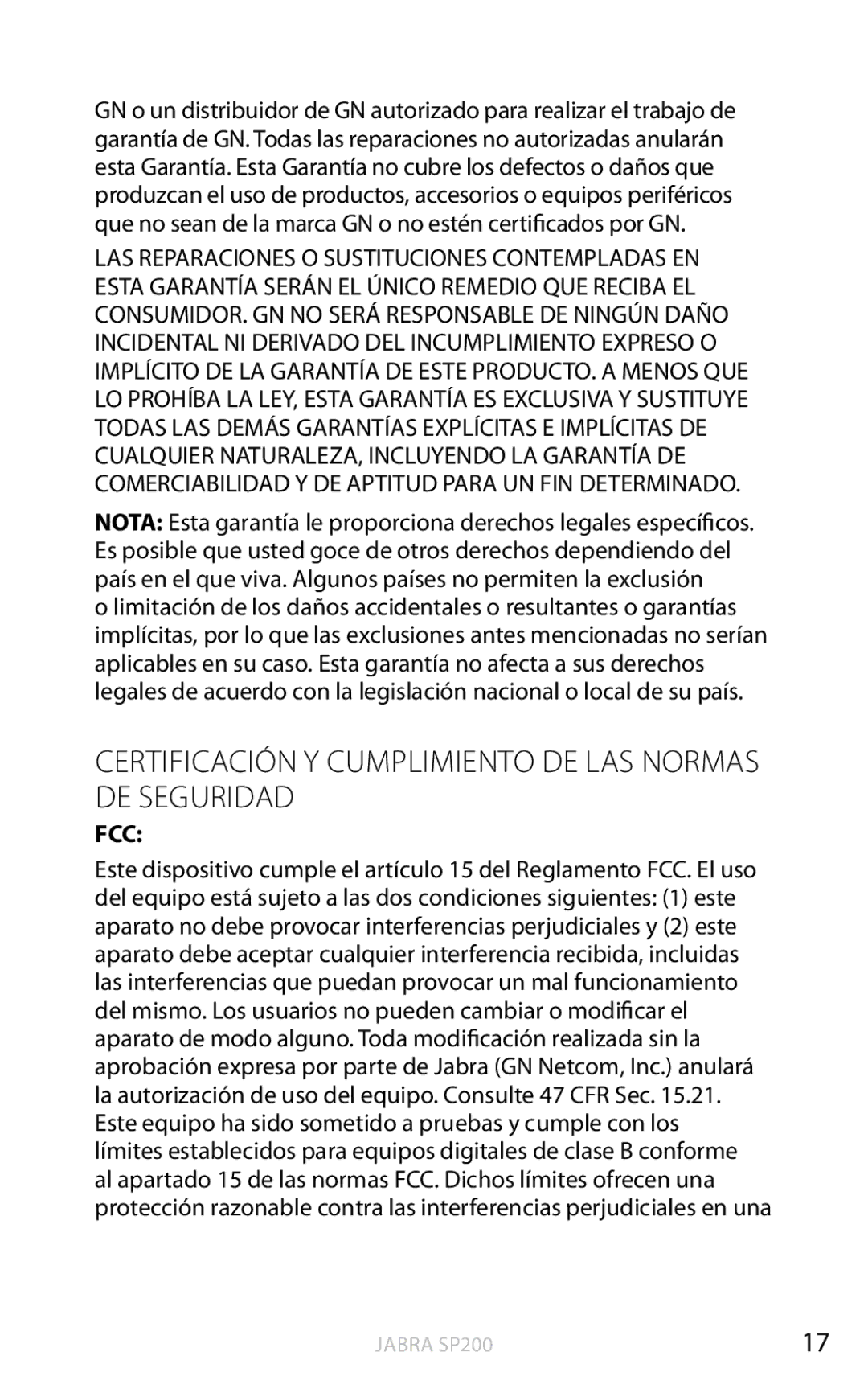 Jabra SP200 user manual Certificación y cumplimiento de las normas de seguridad 