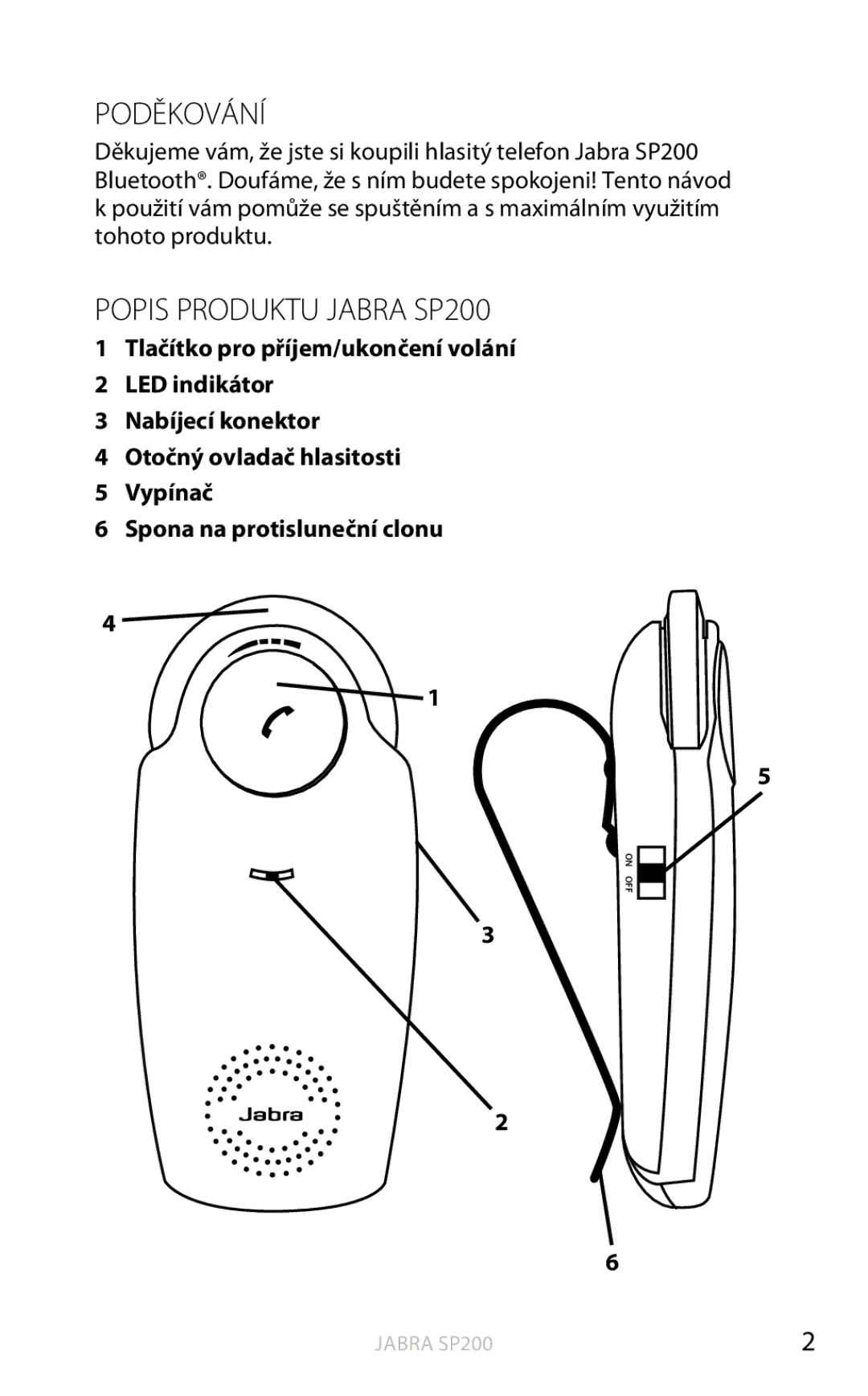 Jabra user manual Poděkování, Popis Produktu Jabra SP200 