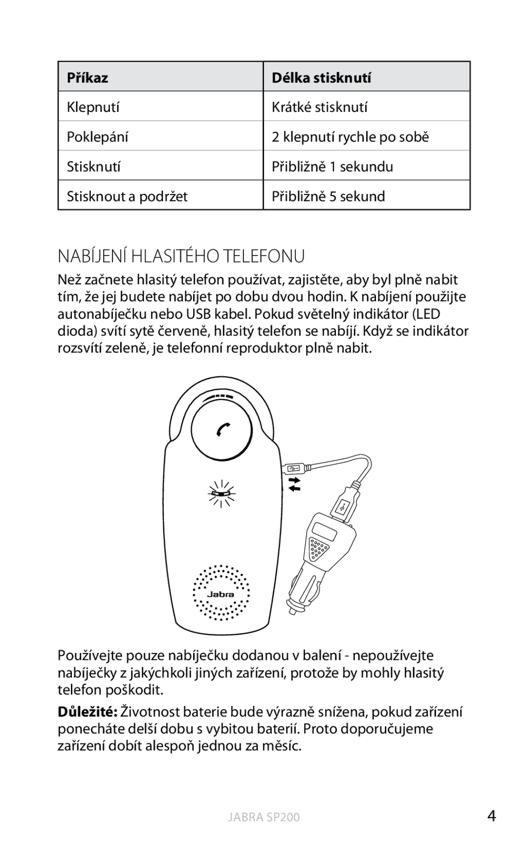 Jabra SP200 user manual Nabíjení hlasitého telefonu, Příkaz Délka stisknutí 