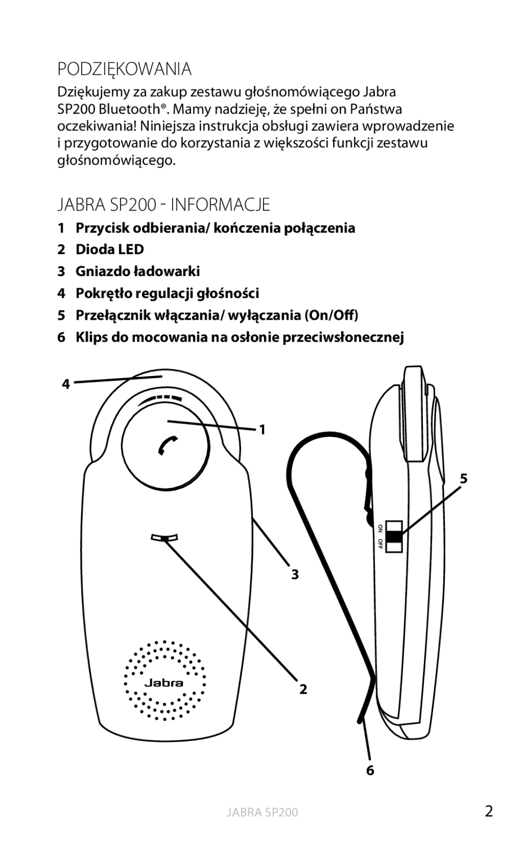 Jabra user manual Podziękowania, Jabra SP200 Informacje 