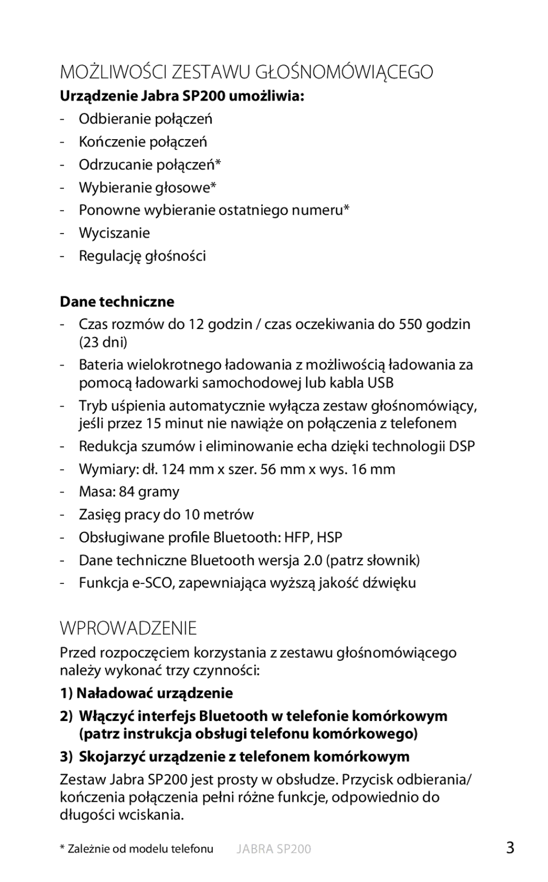 Jabra SP200 user manual Możliwości Zestawu Głośnomówiącego, Wprowadzenie 