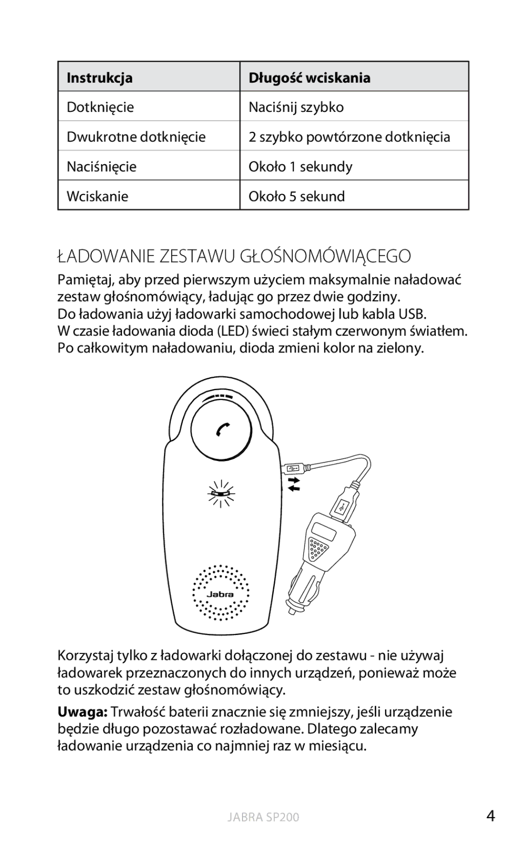 Jabra SP200 user manual Ładowanie zestawu głośnomówiącego, Instrukcja Długość wciskania 