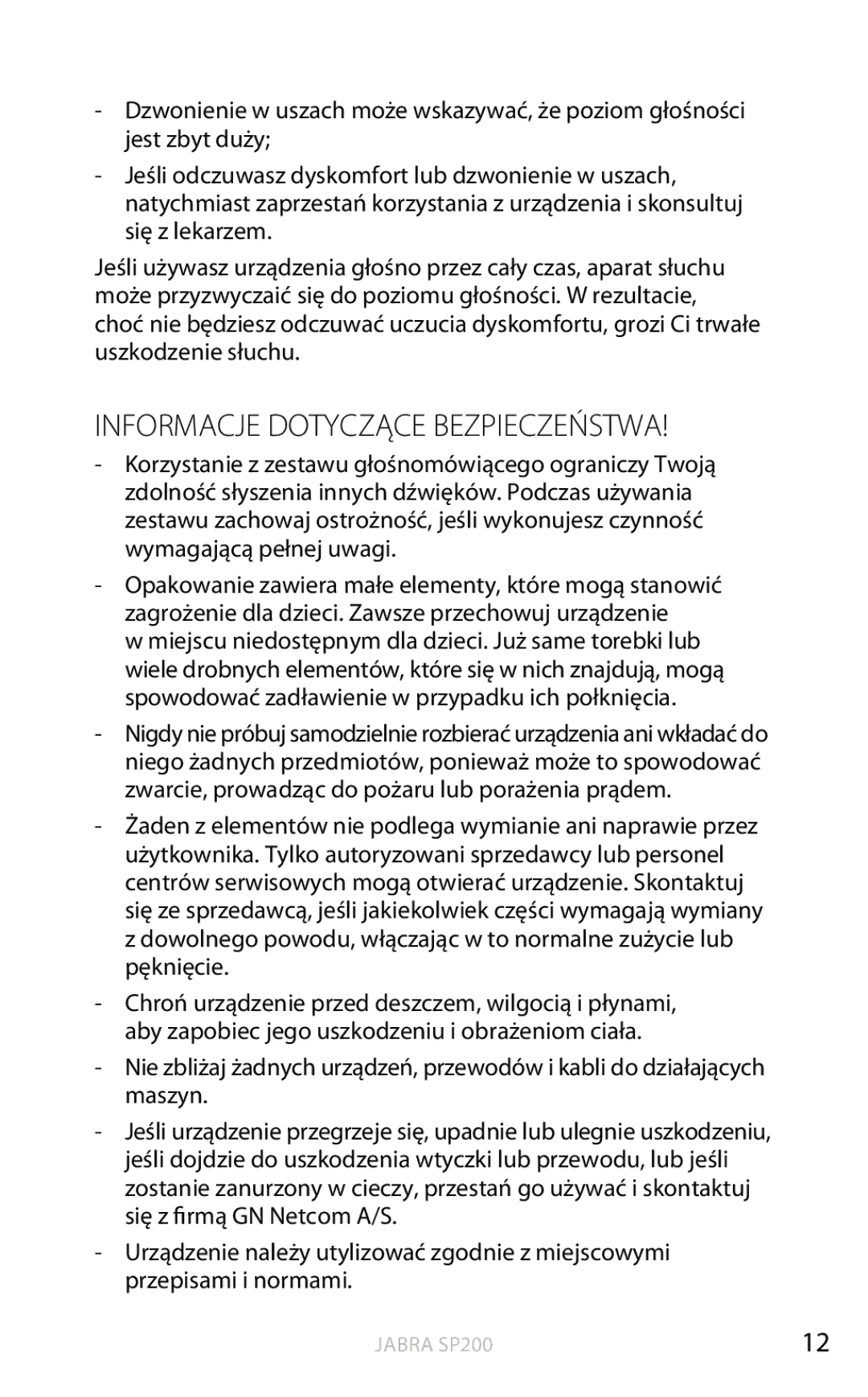 Jabra SP200 user manual Informacje Dotyczące Bezpieczeństwa 