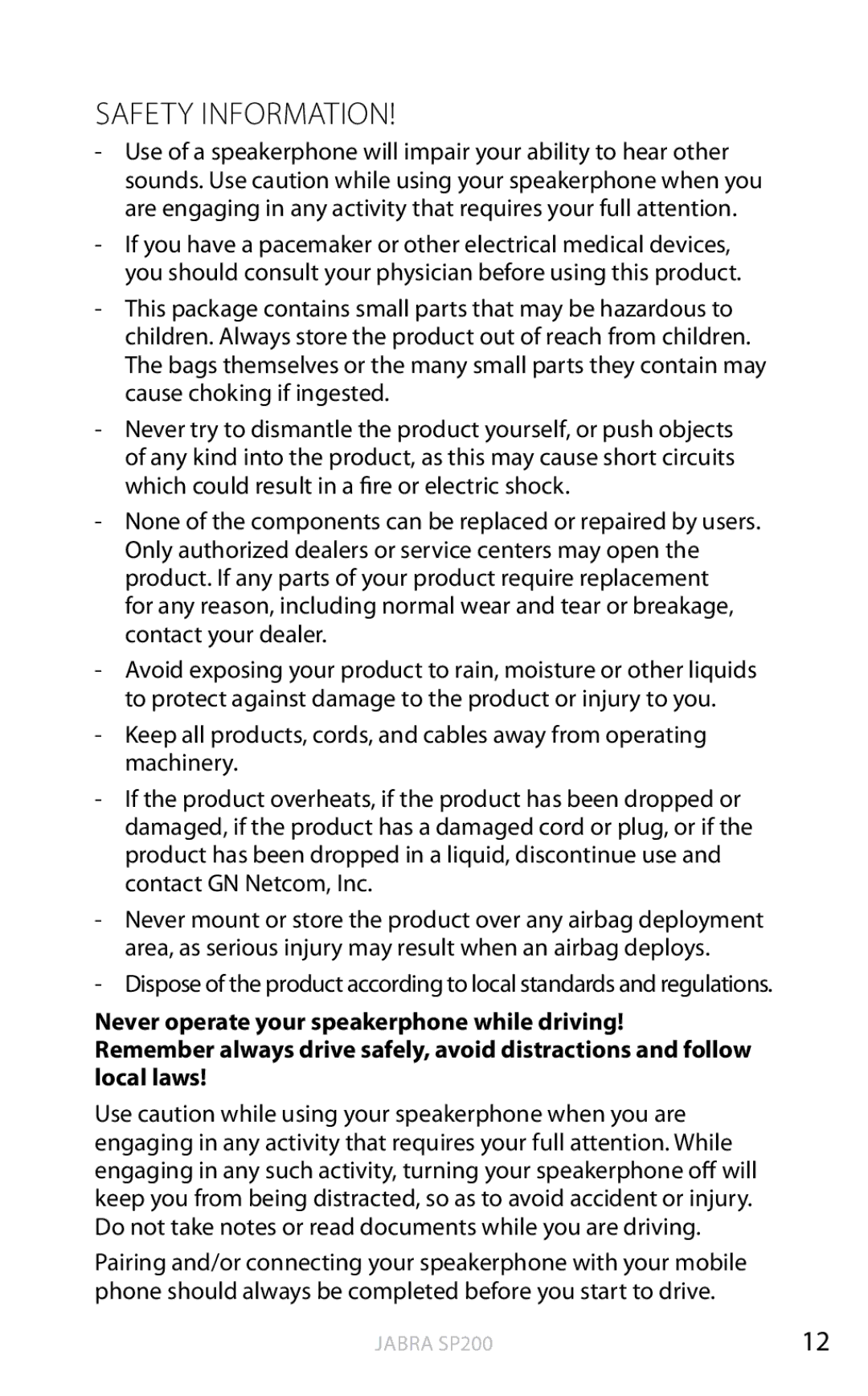 Jabra SP200 user manual Safety Information 