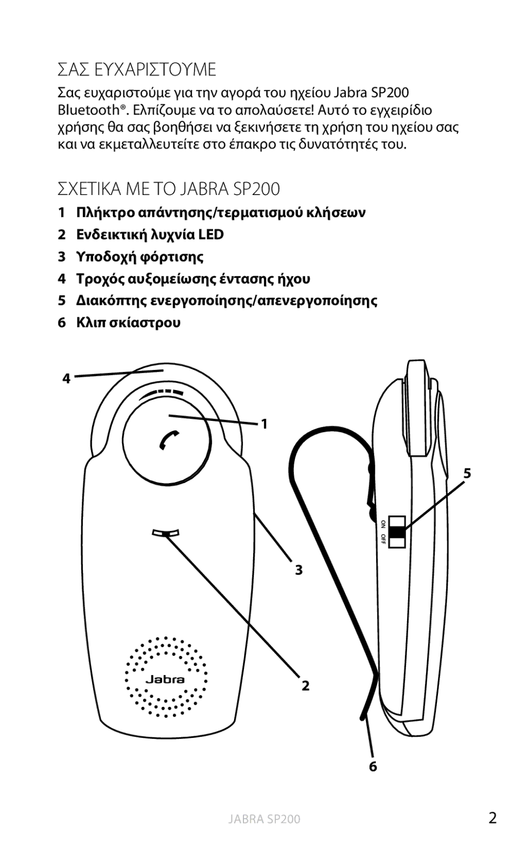 Jabra user manual ΣΑΣ Ευχαριστουμε, Σχετικα ΜΕ ΤΟ Jabra SP200 