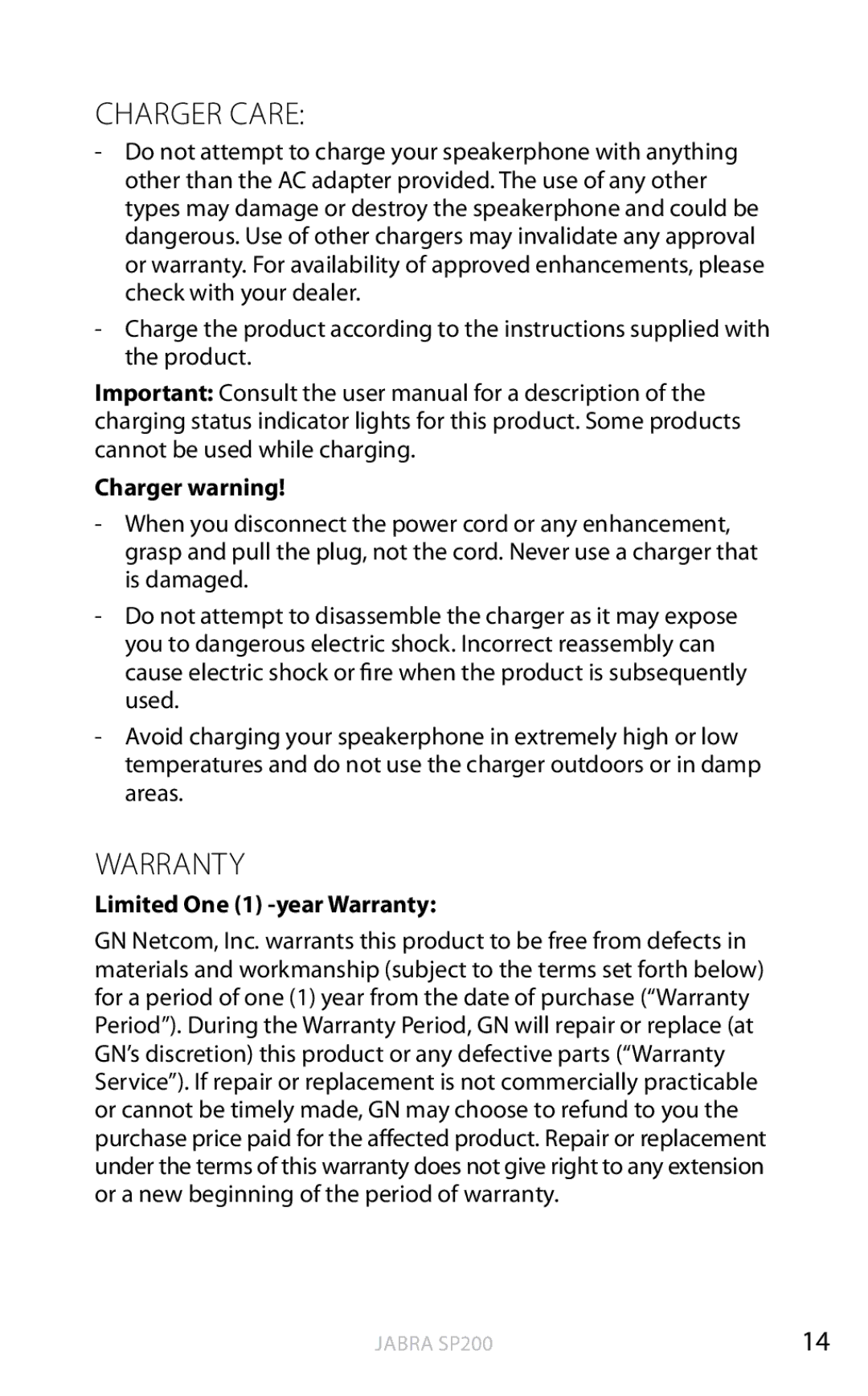 Jabra SP200 user manual Charger Care 