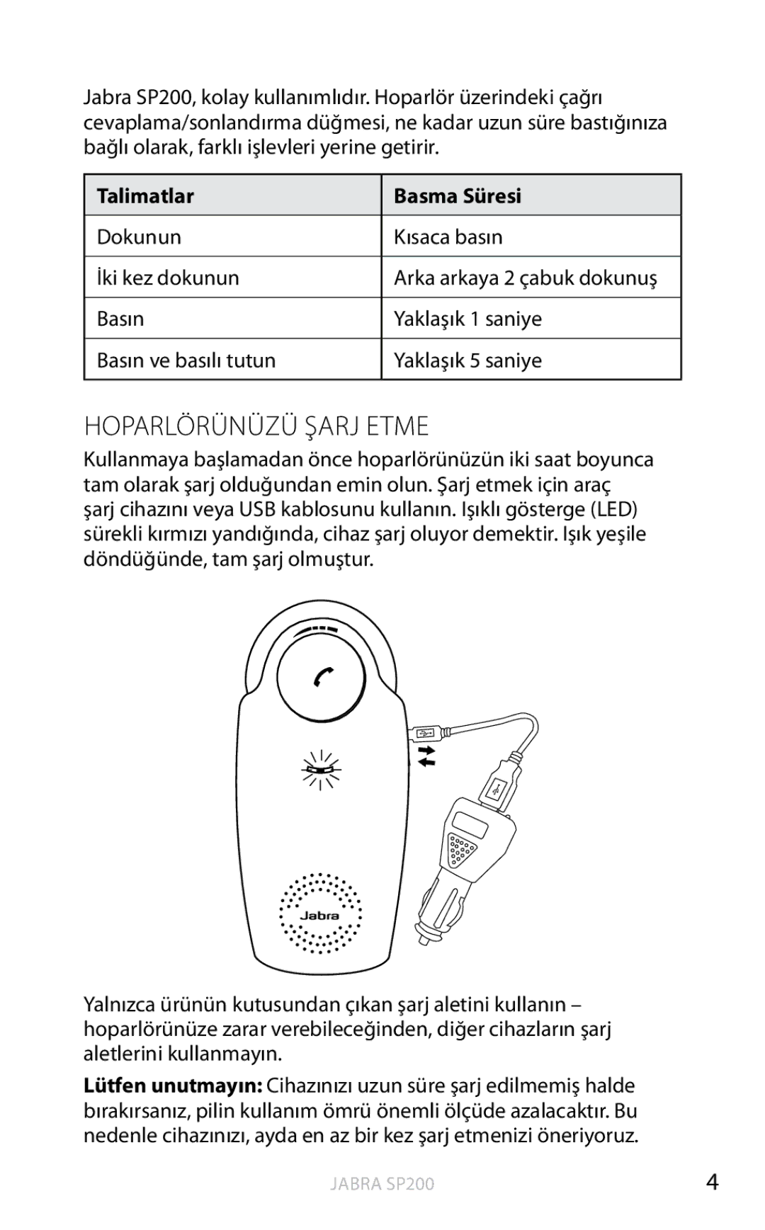 Jabra SP200 user manual Hoparlörünüzü şarj etme, Talimatlar Basma Süresi, Dokunun Kısaca basın İki kez dokunun 