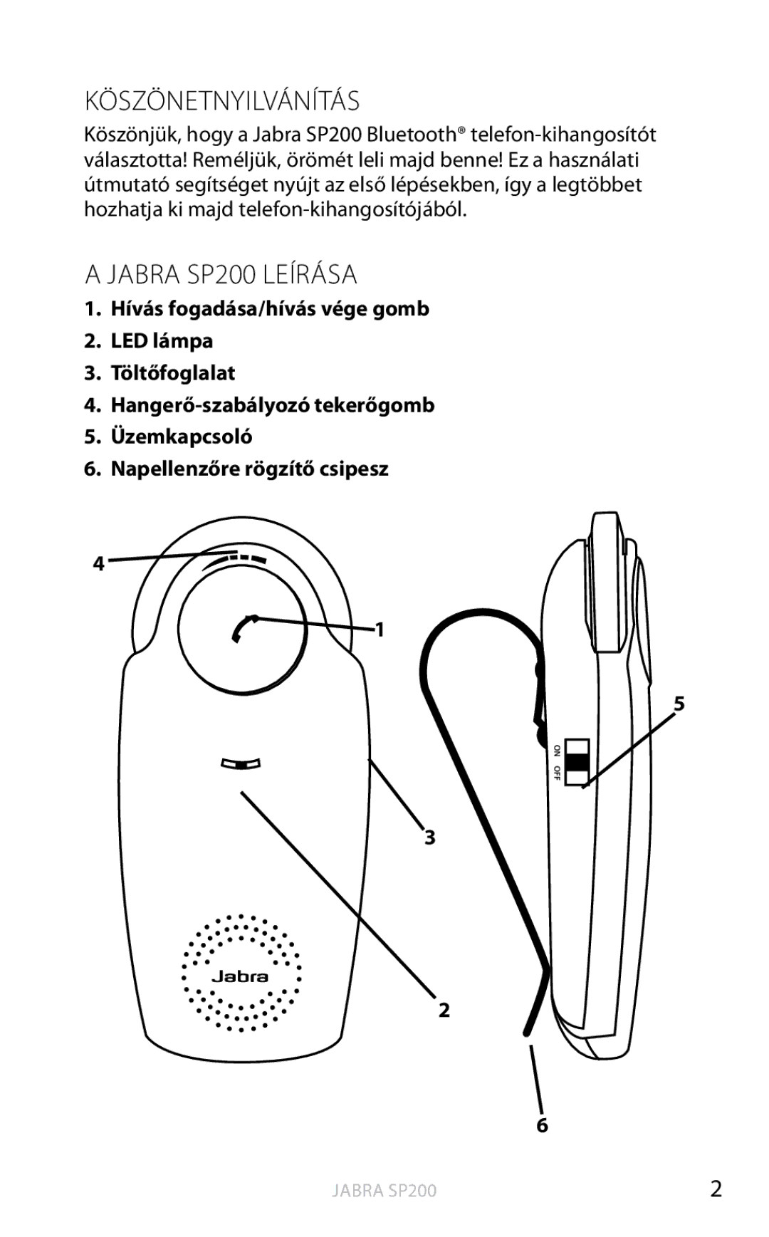 Jabra user manual Köszönetnyilvánítás, Jabra SP200 Leírása 