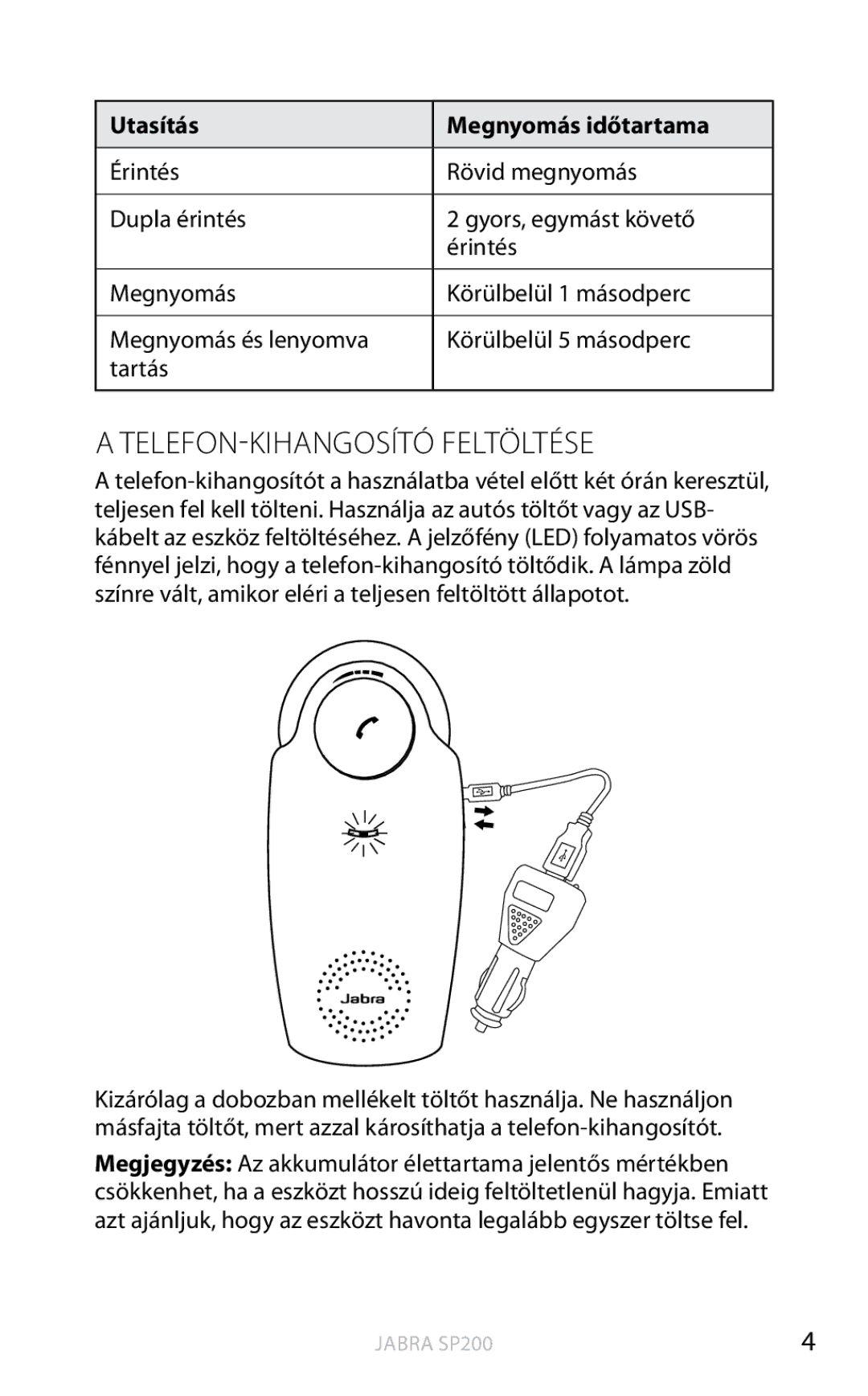 Jabra SP200 user manual Telefon-kihangosító feltöltése, Utasítás Megnyomás időtartama 