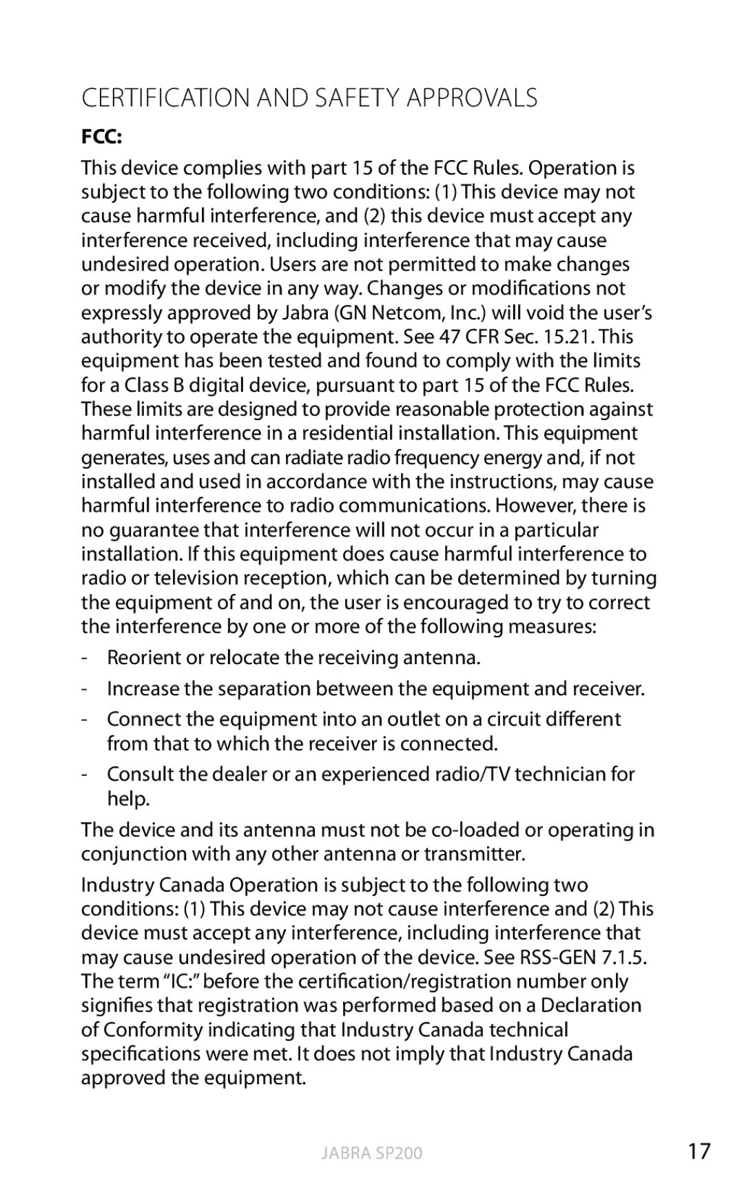 Jabra SP200 user manual Certification and safety approvals, Fcc 