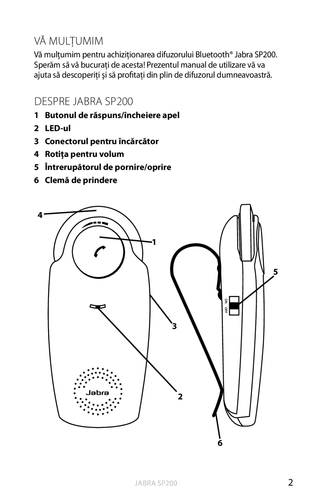 Jabra user manual VĂ Mulţumim, Despre Jabra SP200 