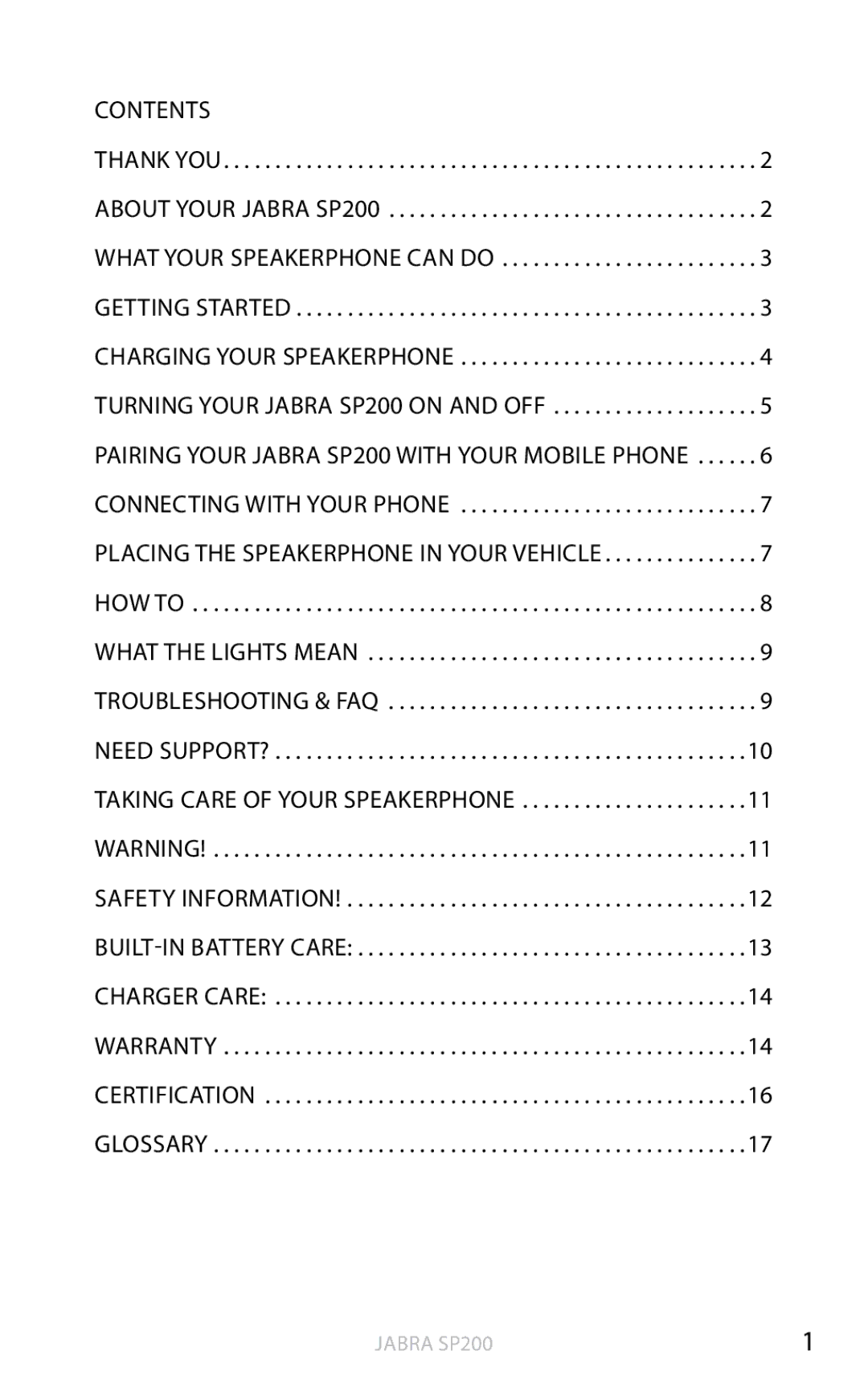 Jabra SP200 user manual Contents, Warranty Certification Glossary 