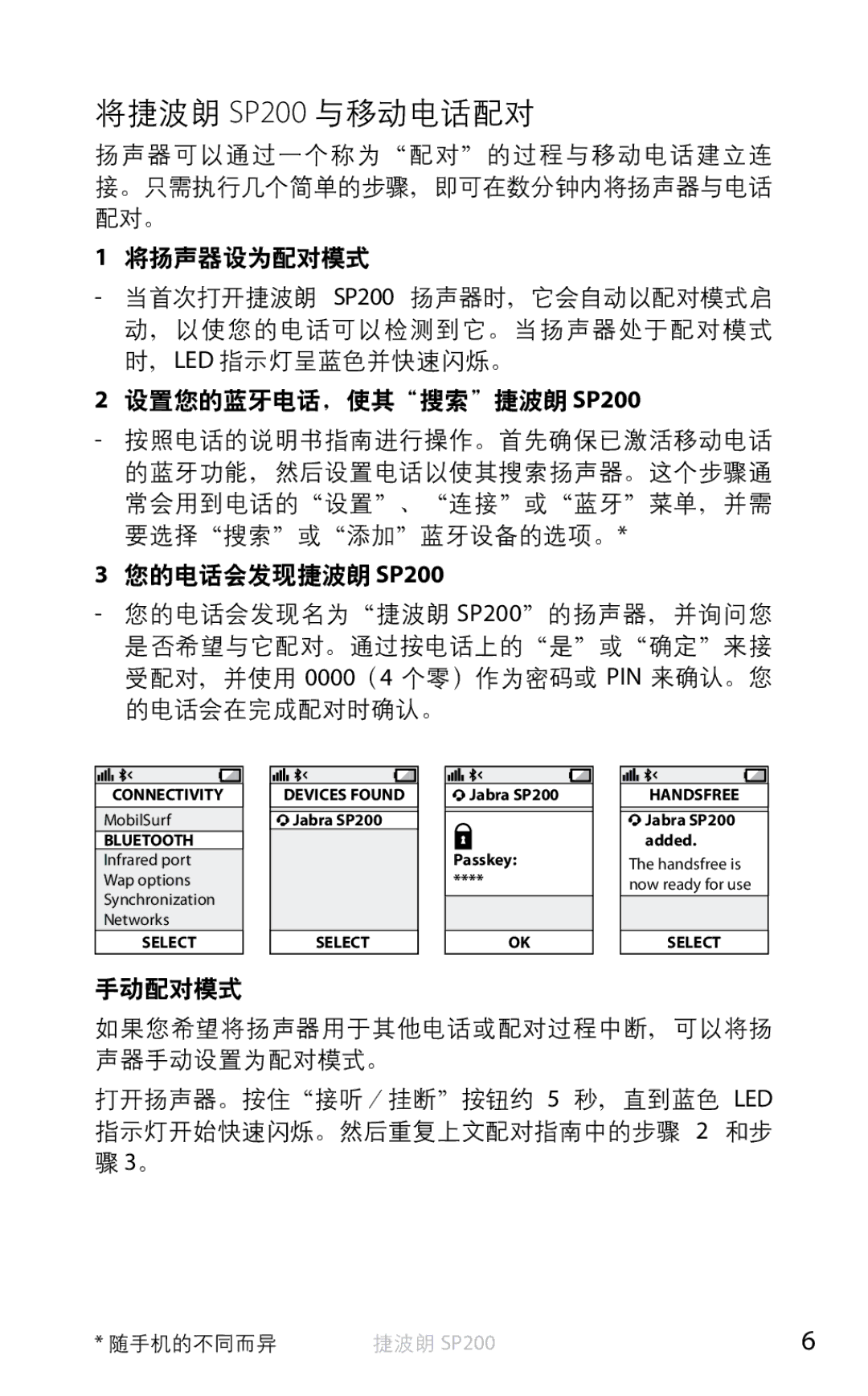 Jabra user manual 将捷波朗 SP200 与移动电话配对 