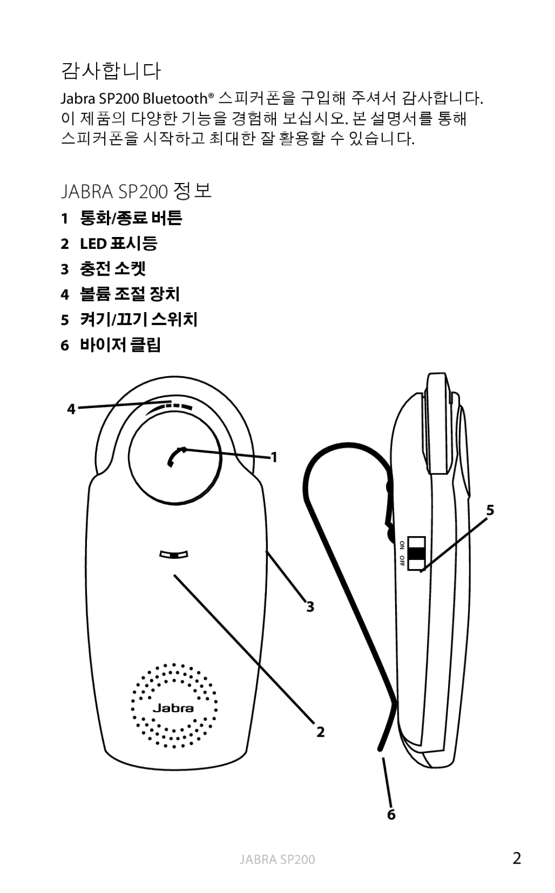 Jabra user manual 감사합니다, Jabra SP200 정보, 통화/종료 버튼, Led 표시등, 충전 소켓 볼륨 조절 장치 켜기/끄기 스위치 바이저 클립 