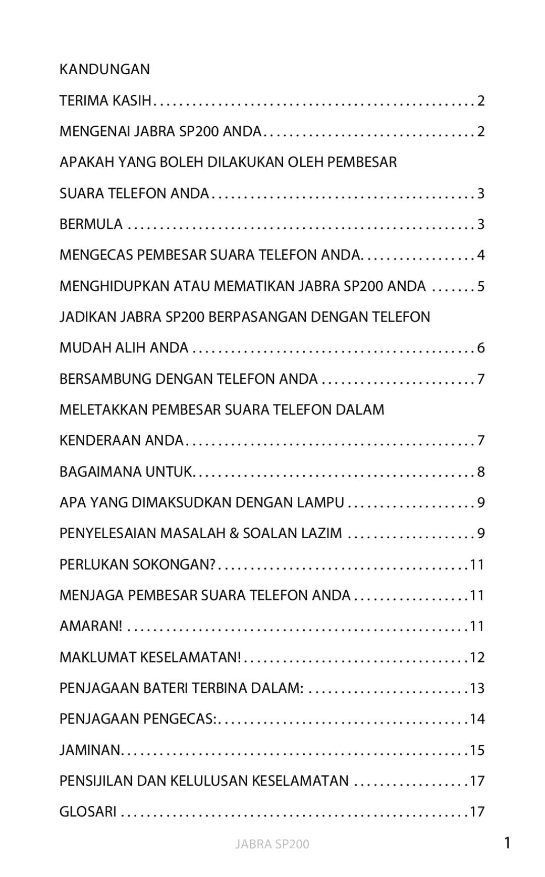 Jabra SP200 Kandungan, Mengecas Pembesar Suara Telefon anda, Jaminan Pensijilan dan kelulusan keselamatan Glosari 