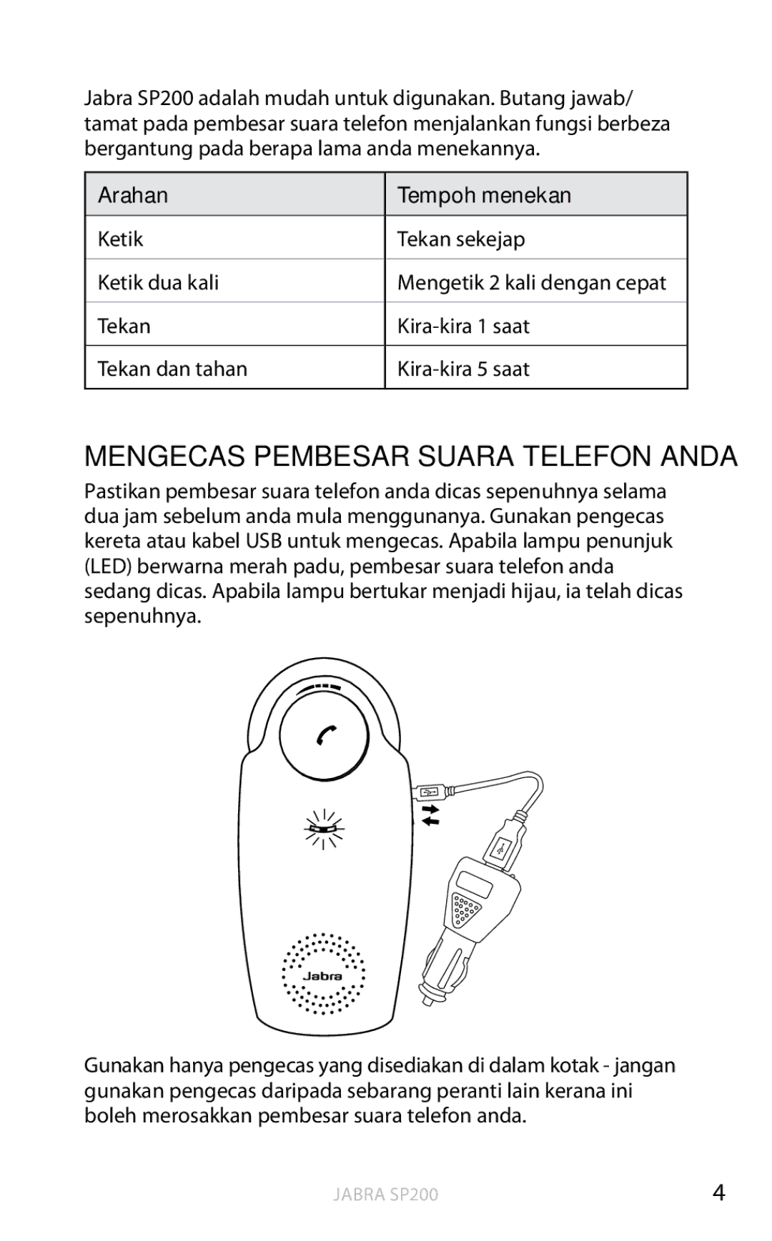 Jabra SP200 user manual Mengecas Pembesar Suara Telefon anda, Arahan Tempoh menekan 