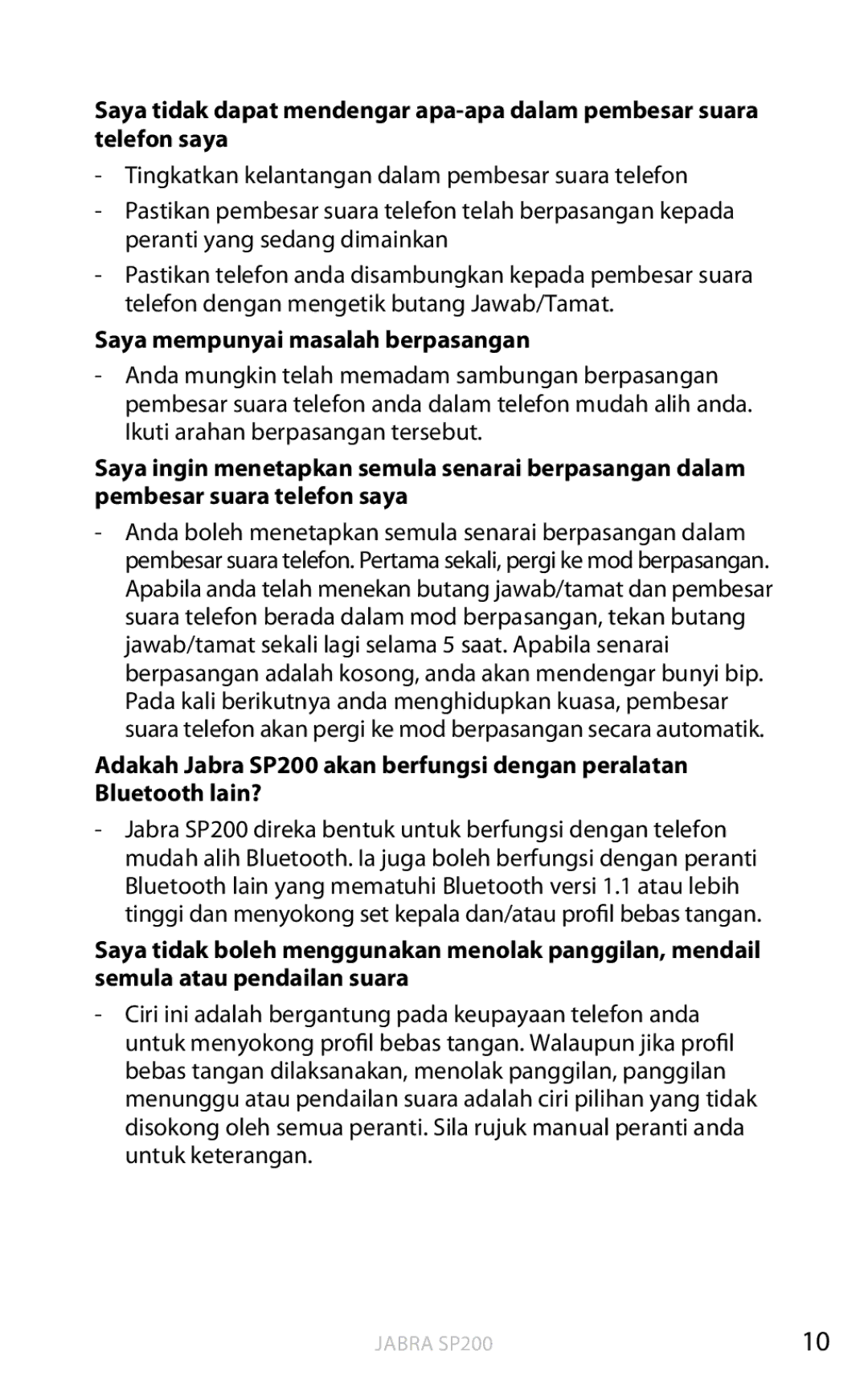 Jabra SP200 user manual Saya mempunyai masalah berpasangan 