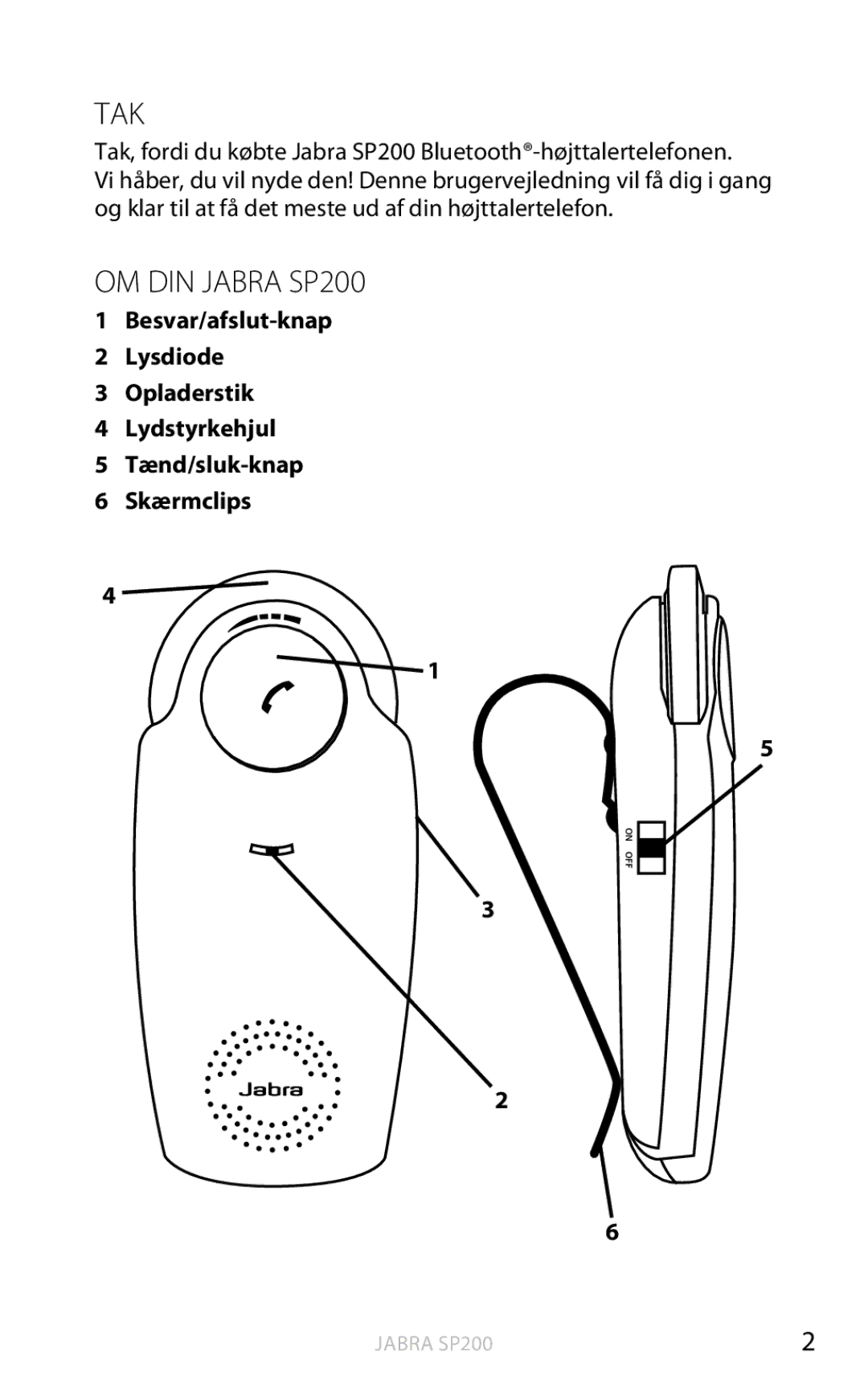 Jabra user manual Tak, OM DIN Jabra SP200 