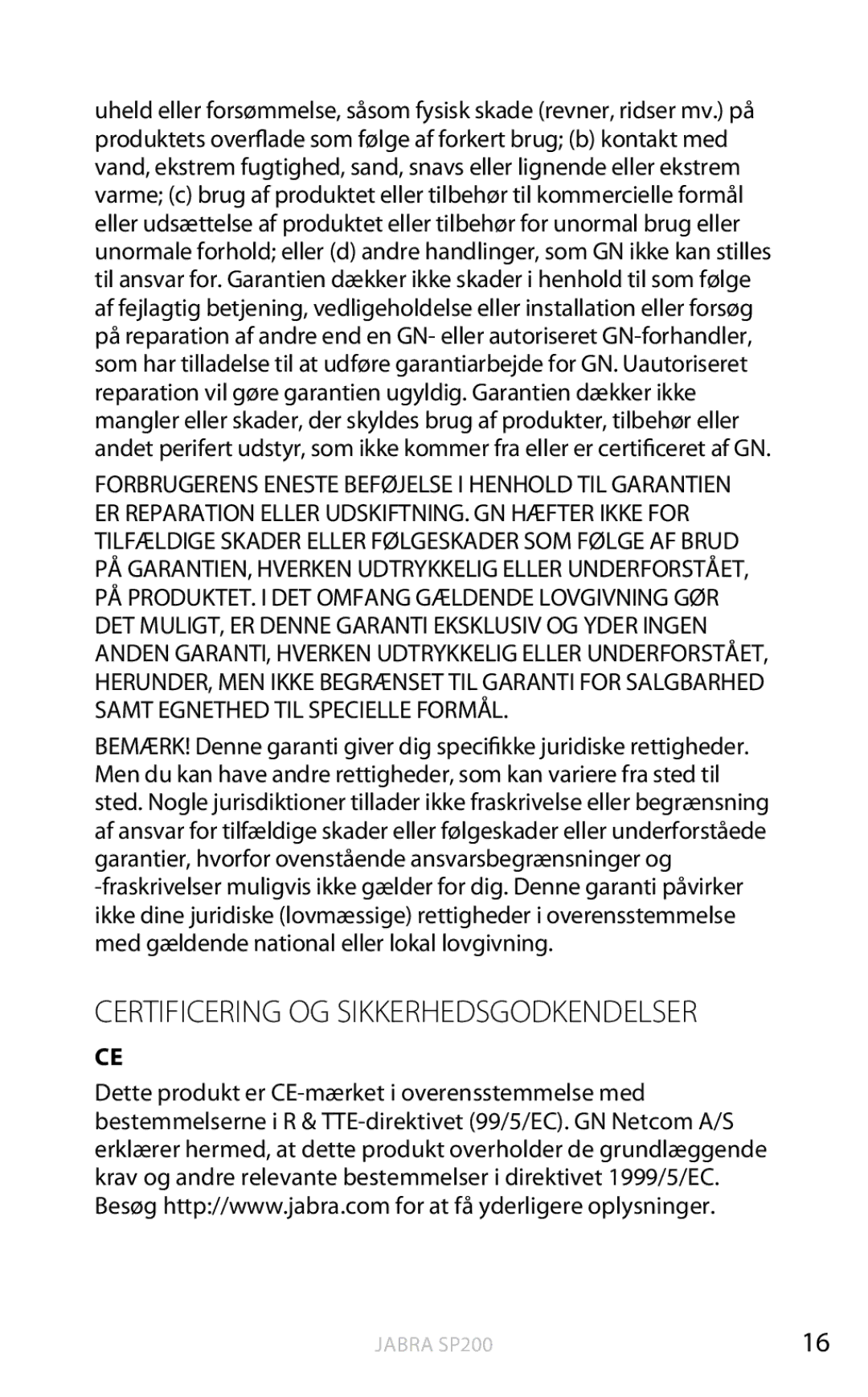 Jabra SP200 user manual Certificering og sikkerhedsgodkendelser 