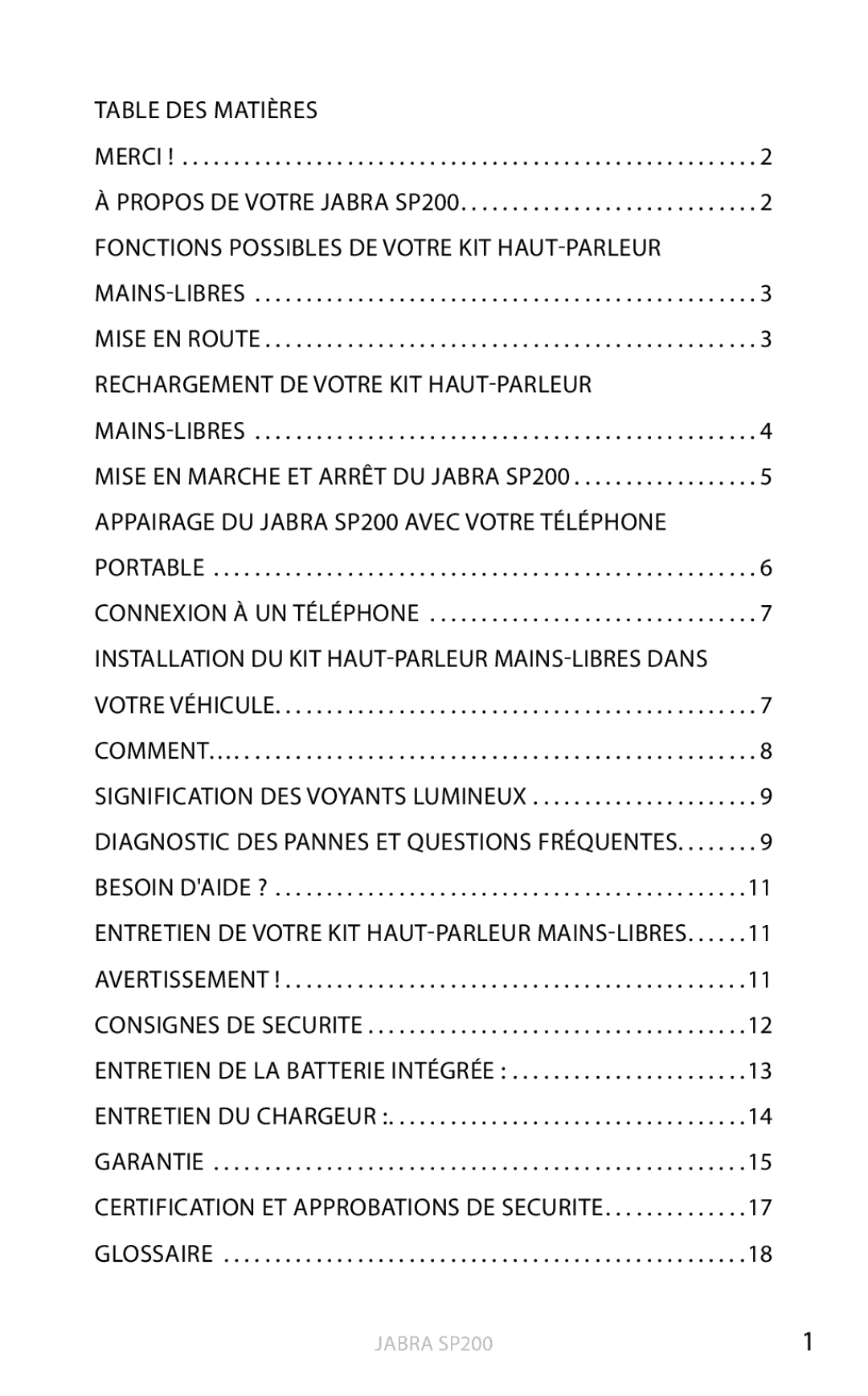 Jabra SP200 user manual Table des matières, Rechargement de votre kit haut-parleur Mains-libres 