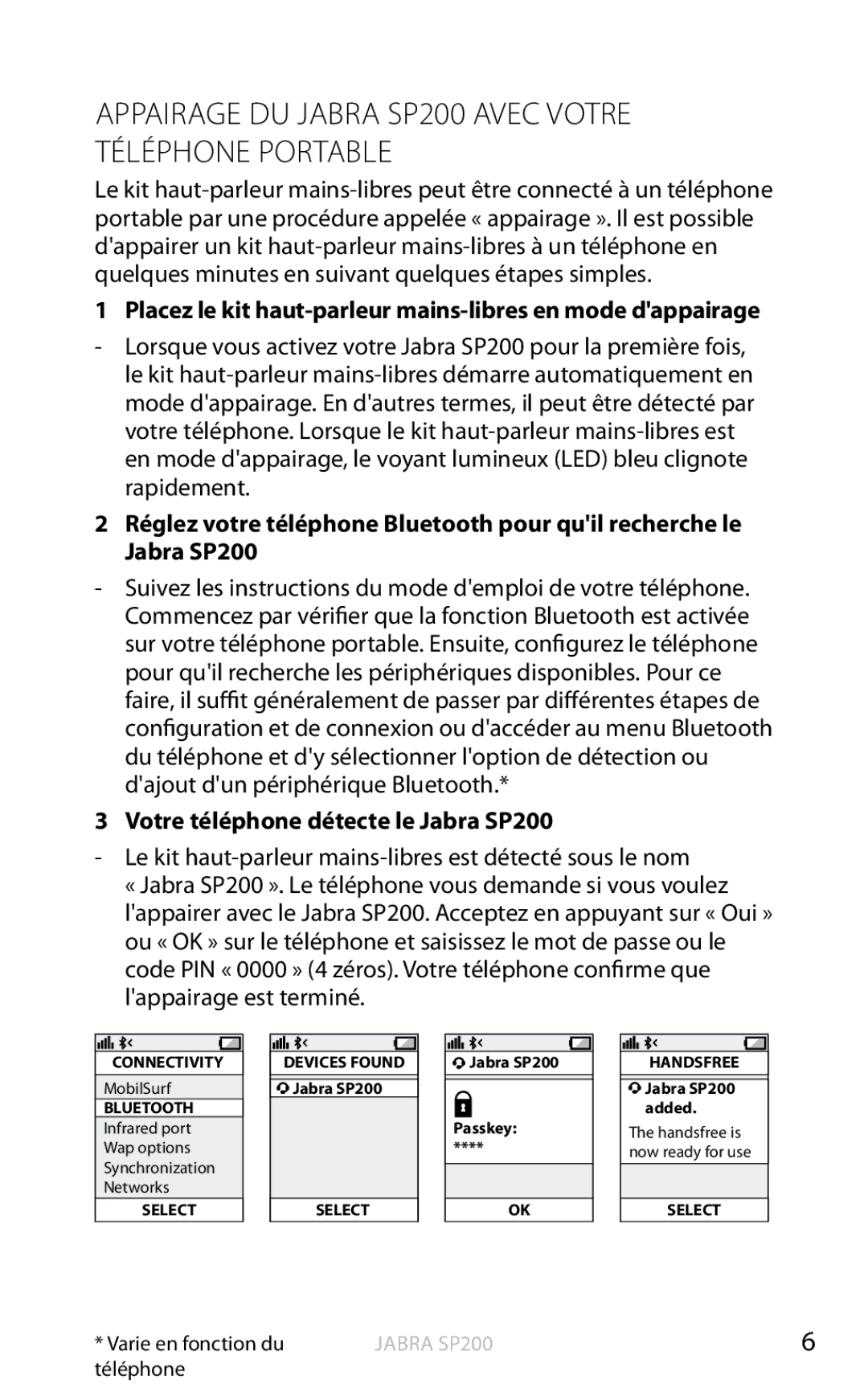 Jabra user manual Appairage DU Jabra SP200 Avec Votre Téléphone Portable, Votre téléphone détecte le Jabra SP200 