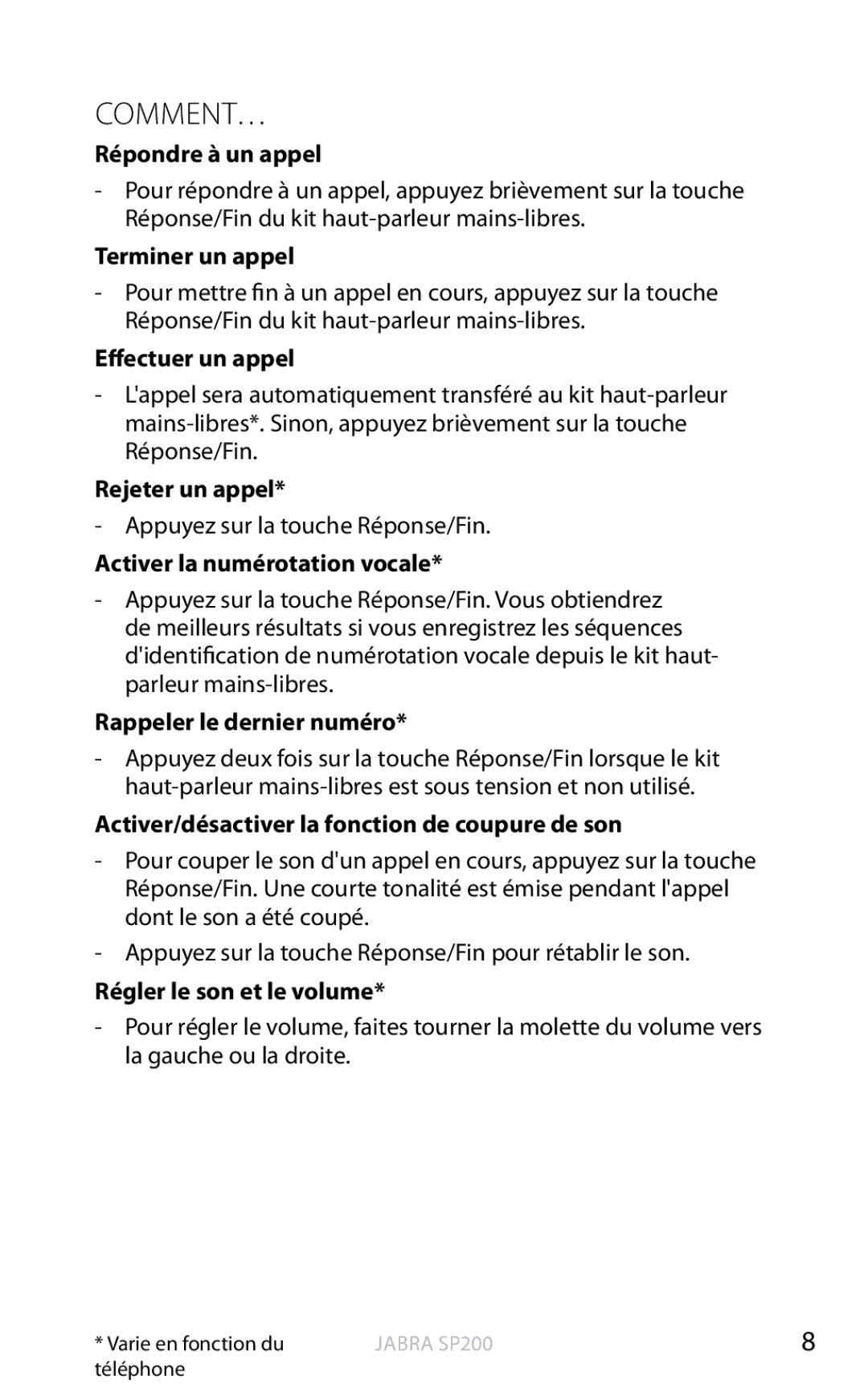 Jabra SP200 user manual Comment… 