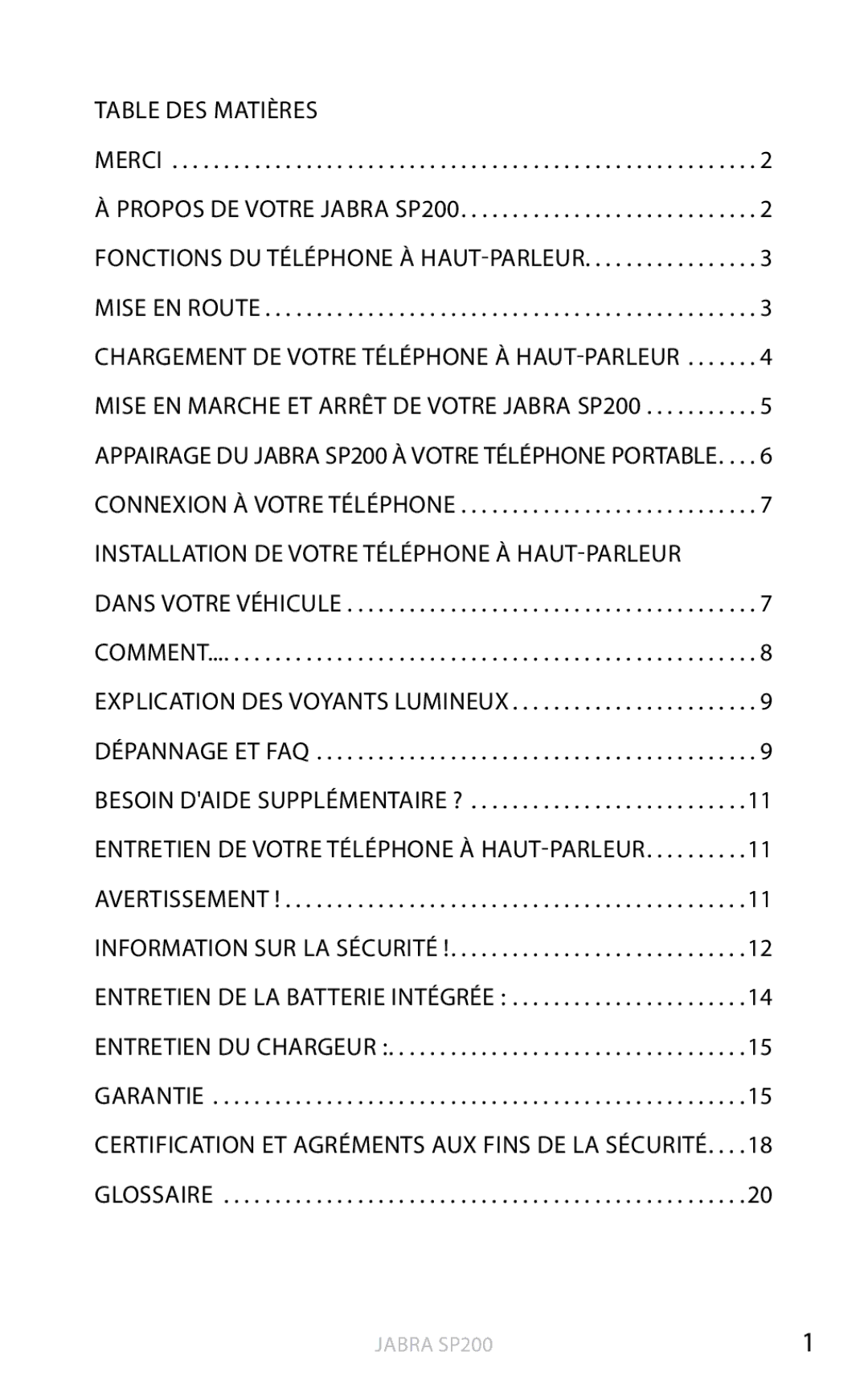 Jabra SP200 user manual Table des matières, Chargement de votre téléphone à haut-parleur 