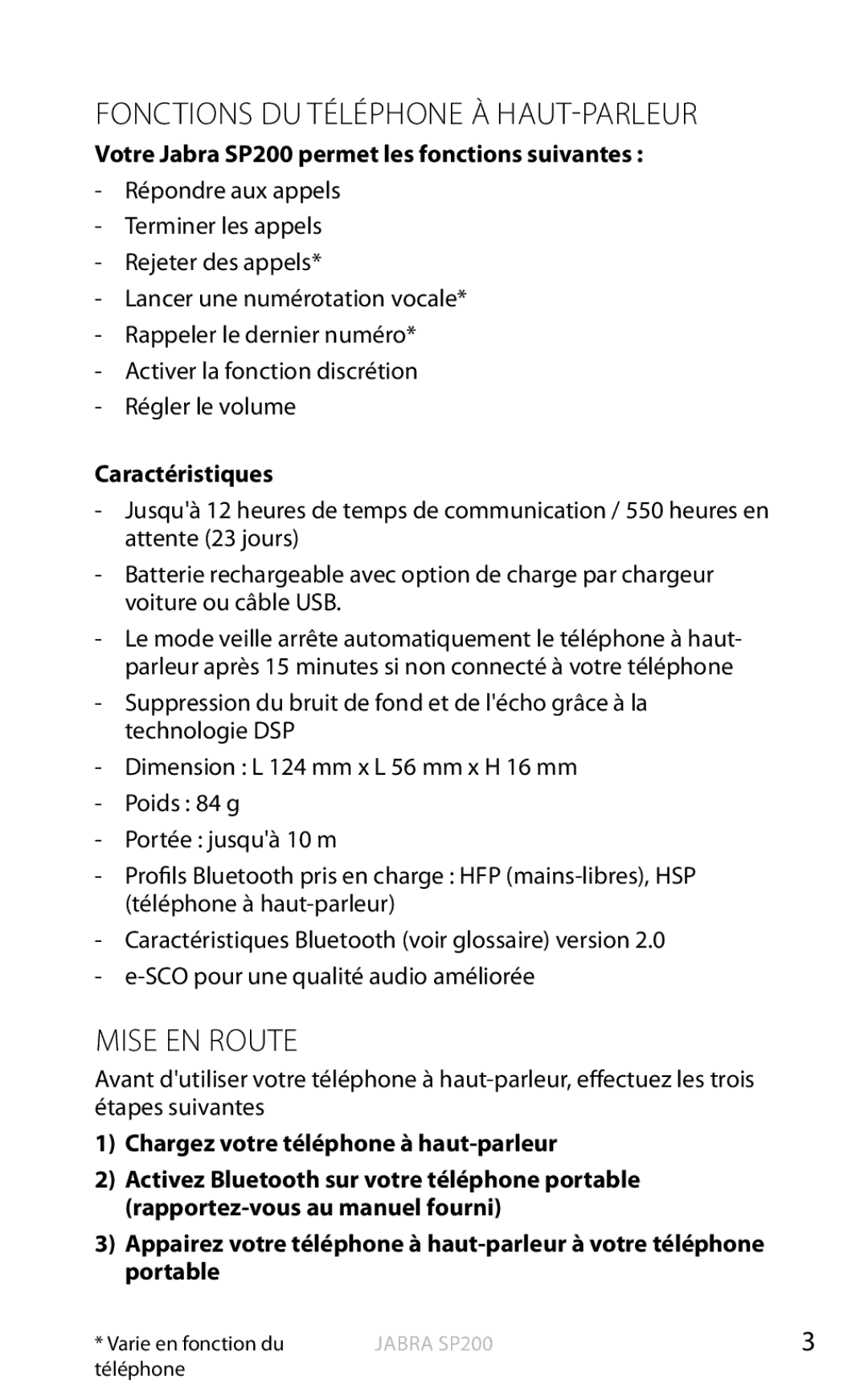 Jabra Fonctions DU Téléphone À HAUT-PARLEUR, Votre Jabra SP200 permet les fonctions suivantes, Caractéristiques 