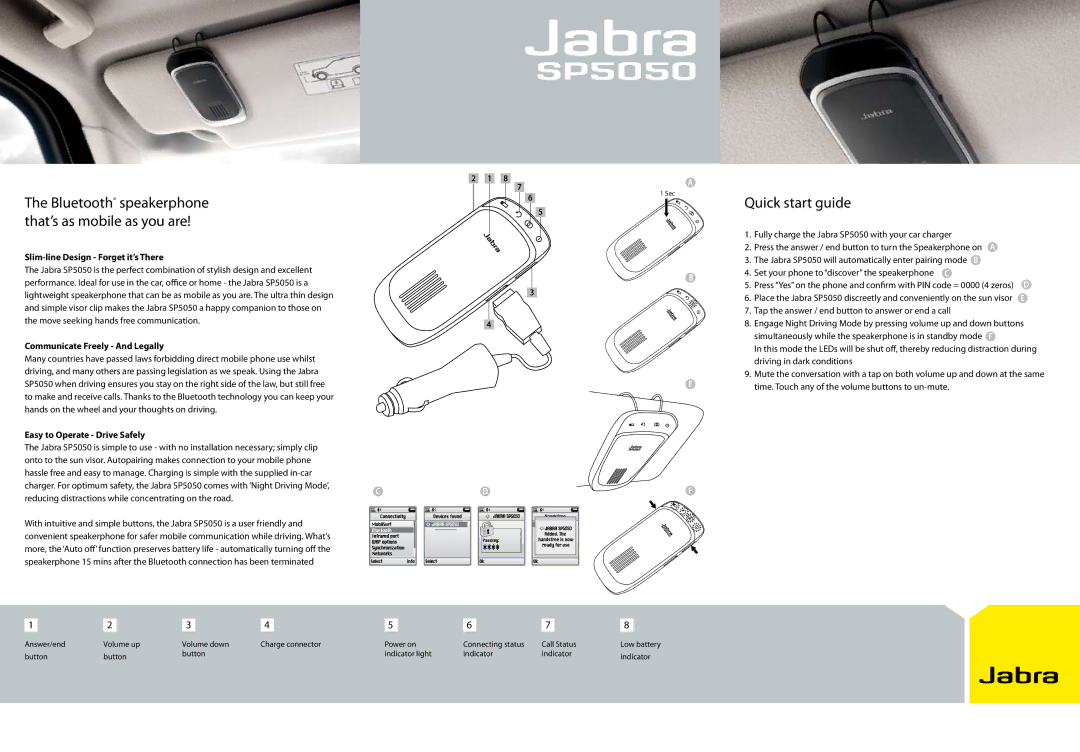 Jabra SP5050 Bluetooth speakerphone that’s as mobile as you are, Quick start guide, Slim-line Design Forget it’s There 