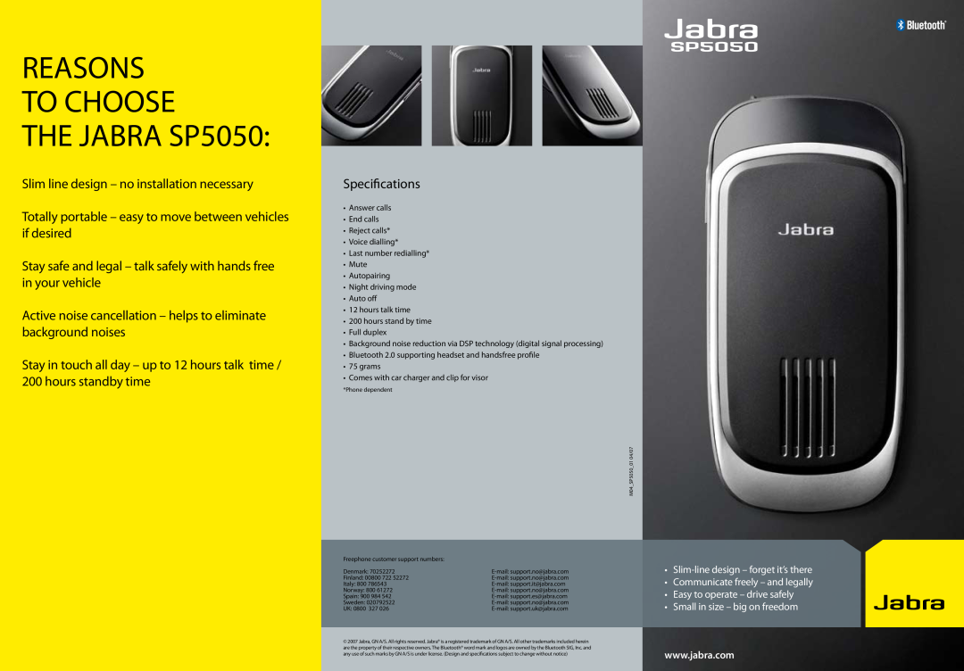 Jabra SP5050 quick start Engage Night Driving Mode, Bluetooth Speakerphone Quick Start Guide 