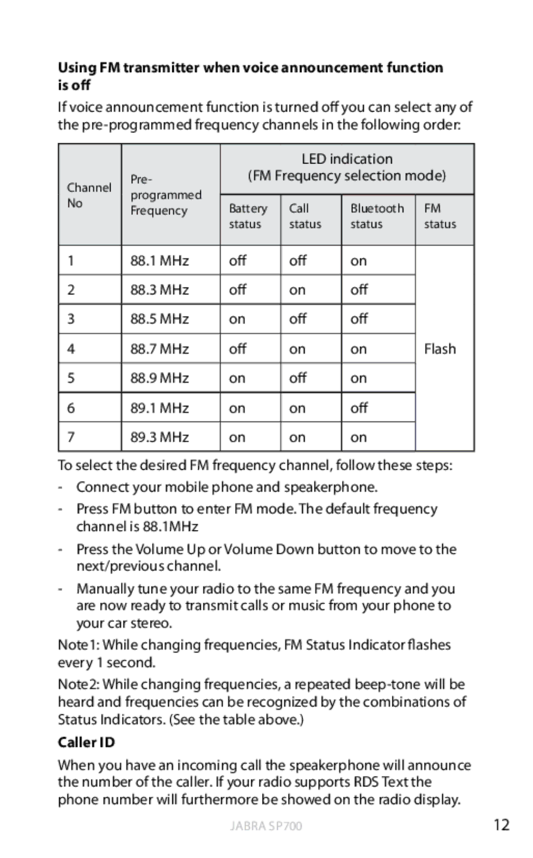 Jabra SP700 user manual Using FM transmitter when voice announcement function is off, Caller ID 