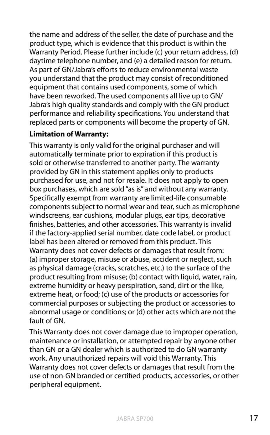 Jabra SP700 user manual Limitation of Warranty 