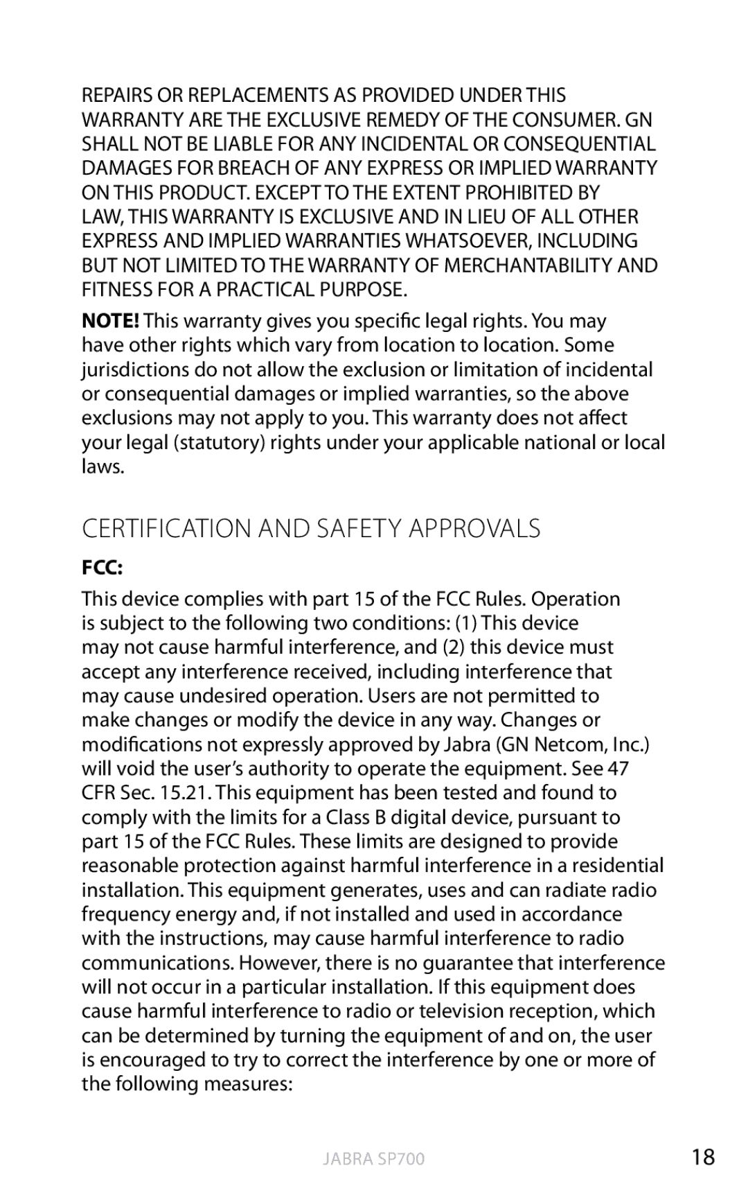 Jabra SP700 user manual Certification and safety approvals, Fcc 