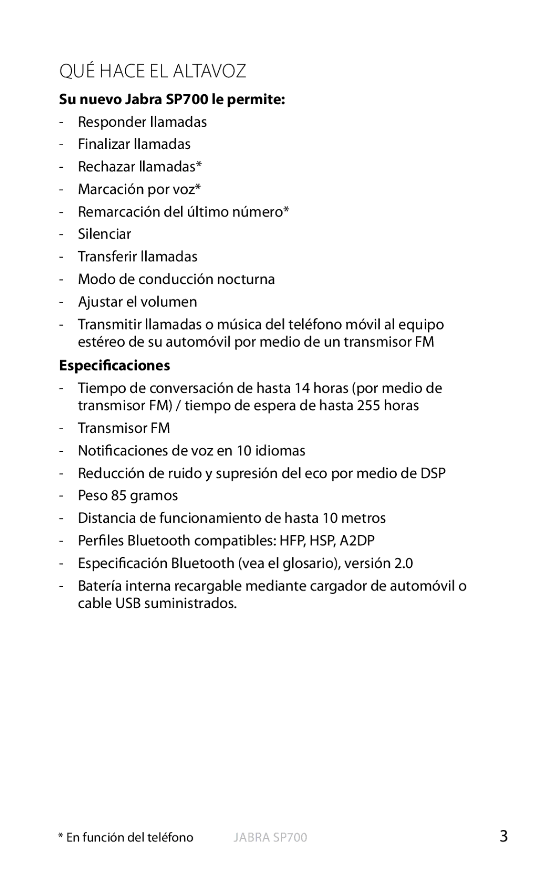 Jabra user manual QUÉ Hace EL Altavoz, Su nuevo Jabra SP700 le permite, Especificaciones 