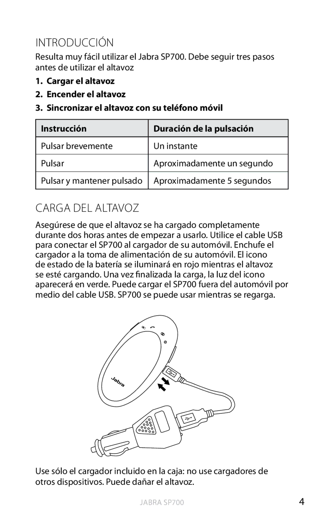 Jabra SP700 user manual Introducción, Carga DEL Altavoz 