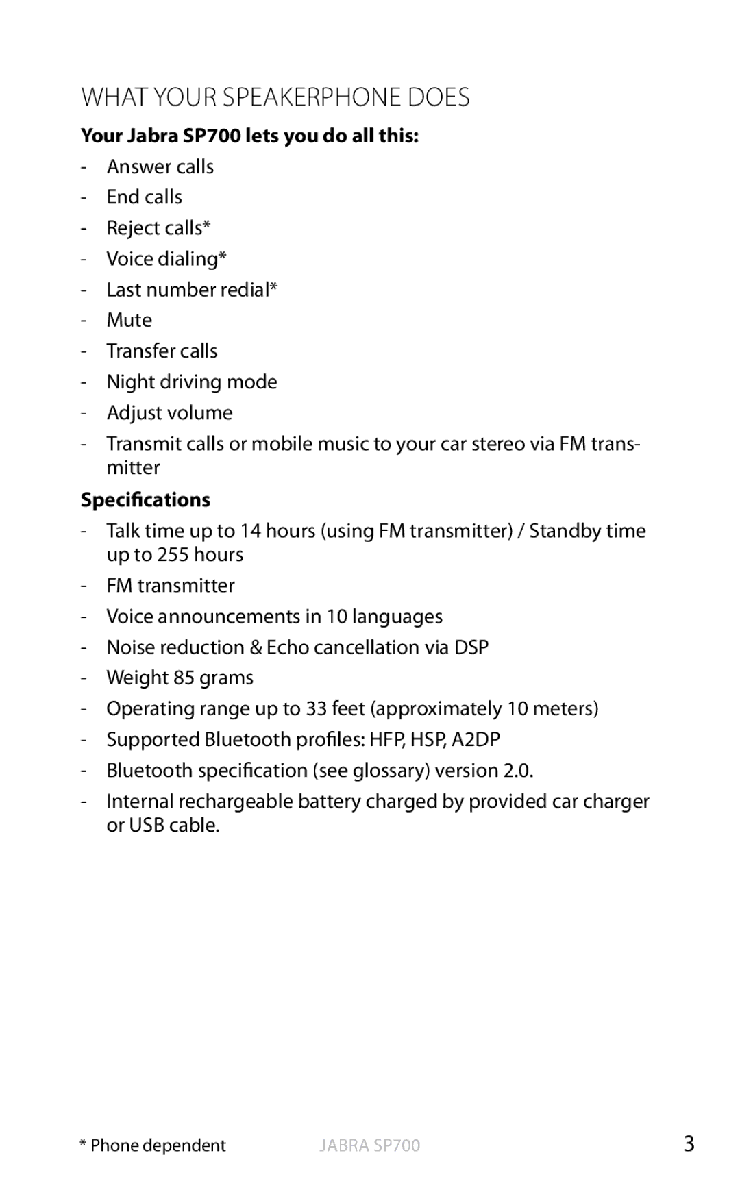 Jabra user manual What your Speakerphone does, Your Jabra SP700 lets you do all this, Specifications 