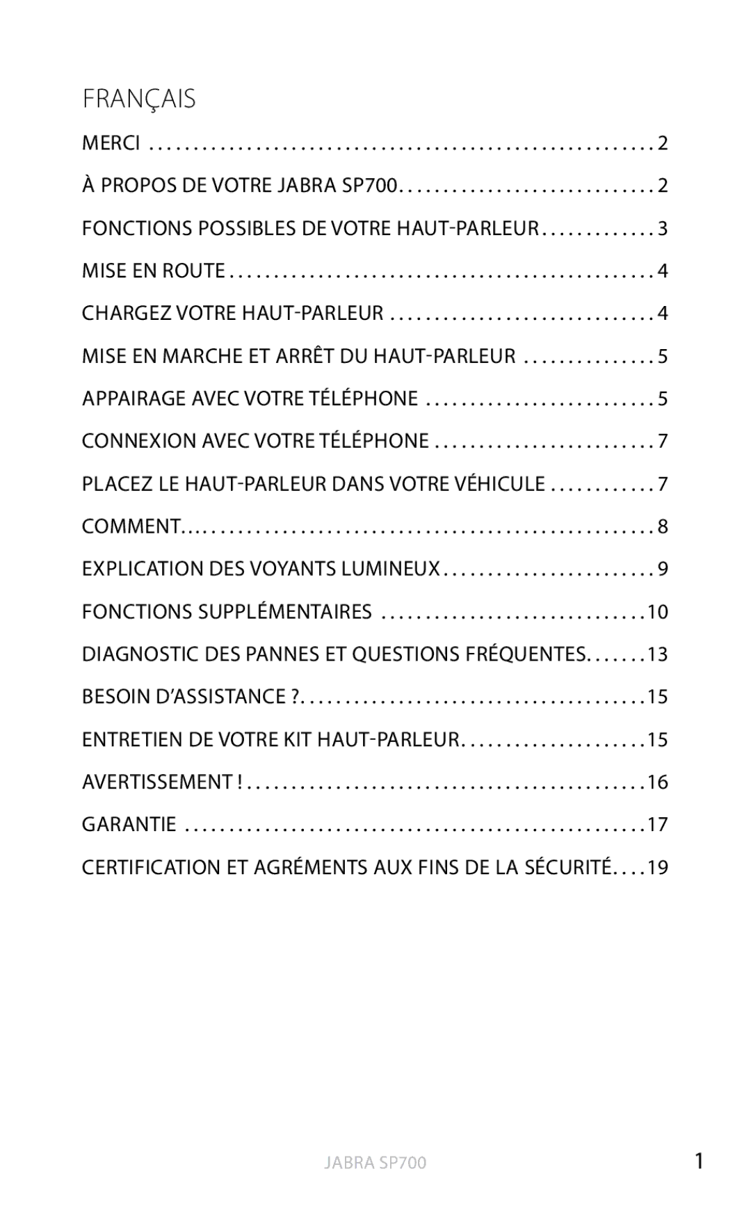 Jabra SP700 user manual Français, Merci 