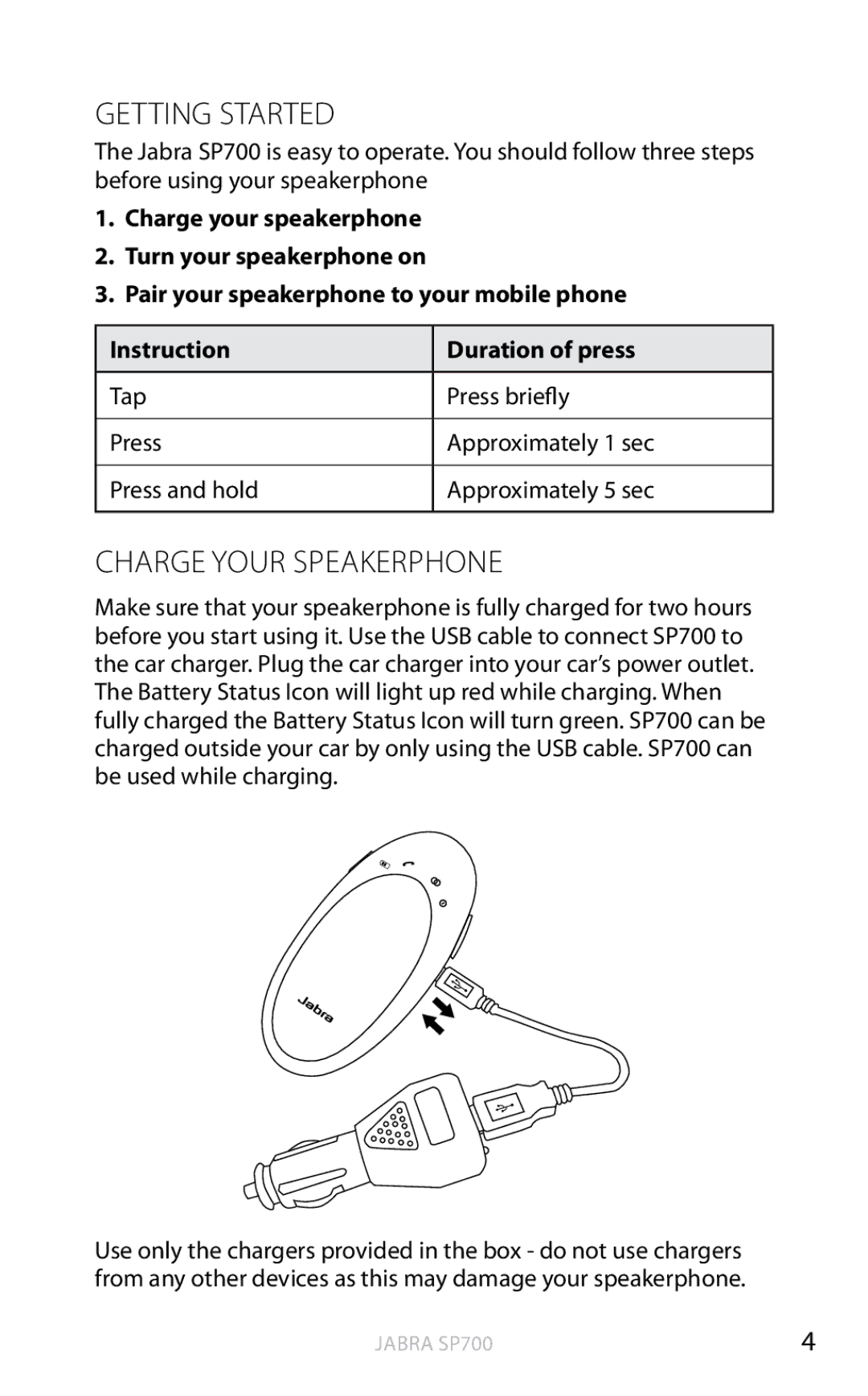 Jabra SP700 user manual Getting Started, Charge your Speakerphone 