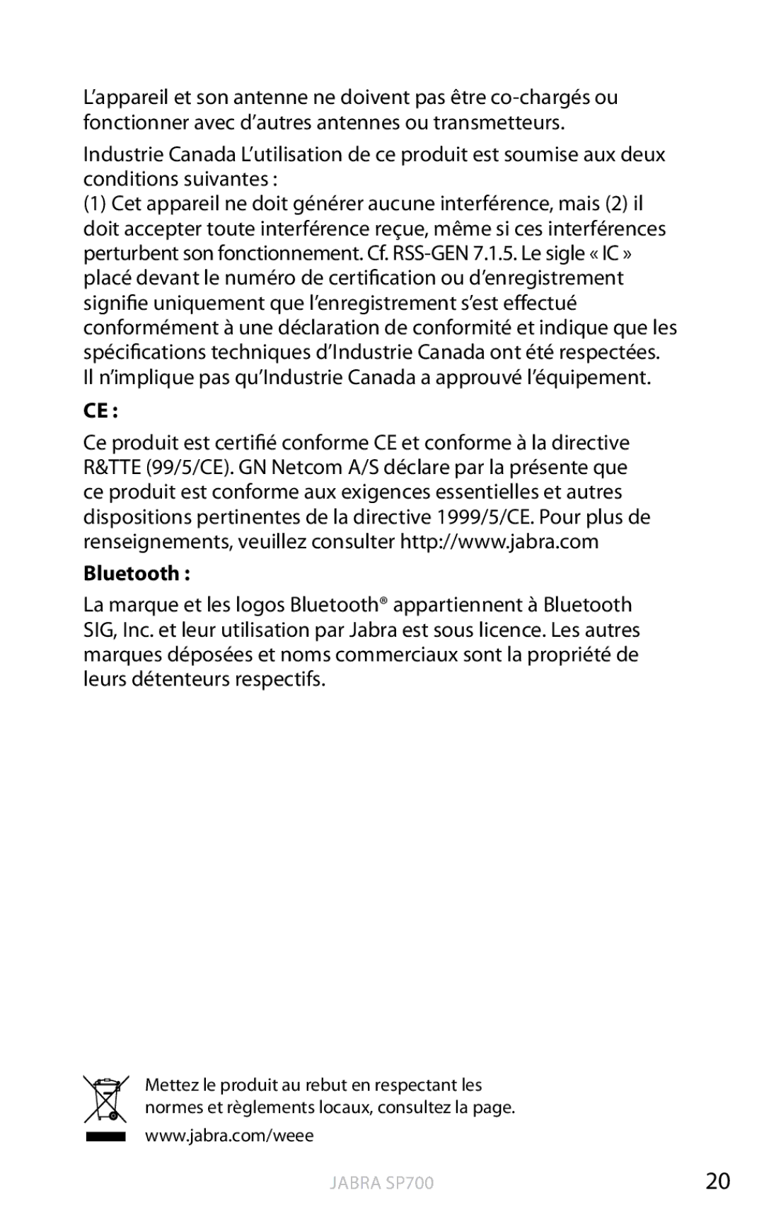 Jabra SP700 user manual Bluetooth 