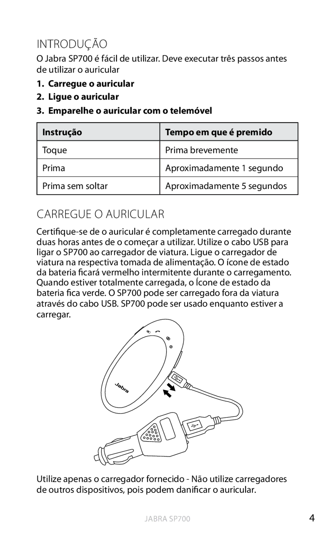 Jabra SP700 user manual Introdução, Carregue O Auricular 