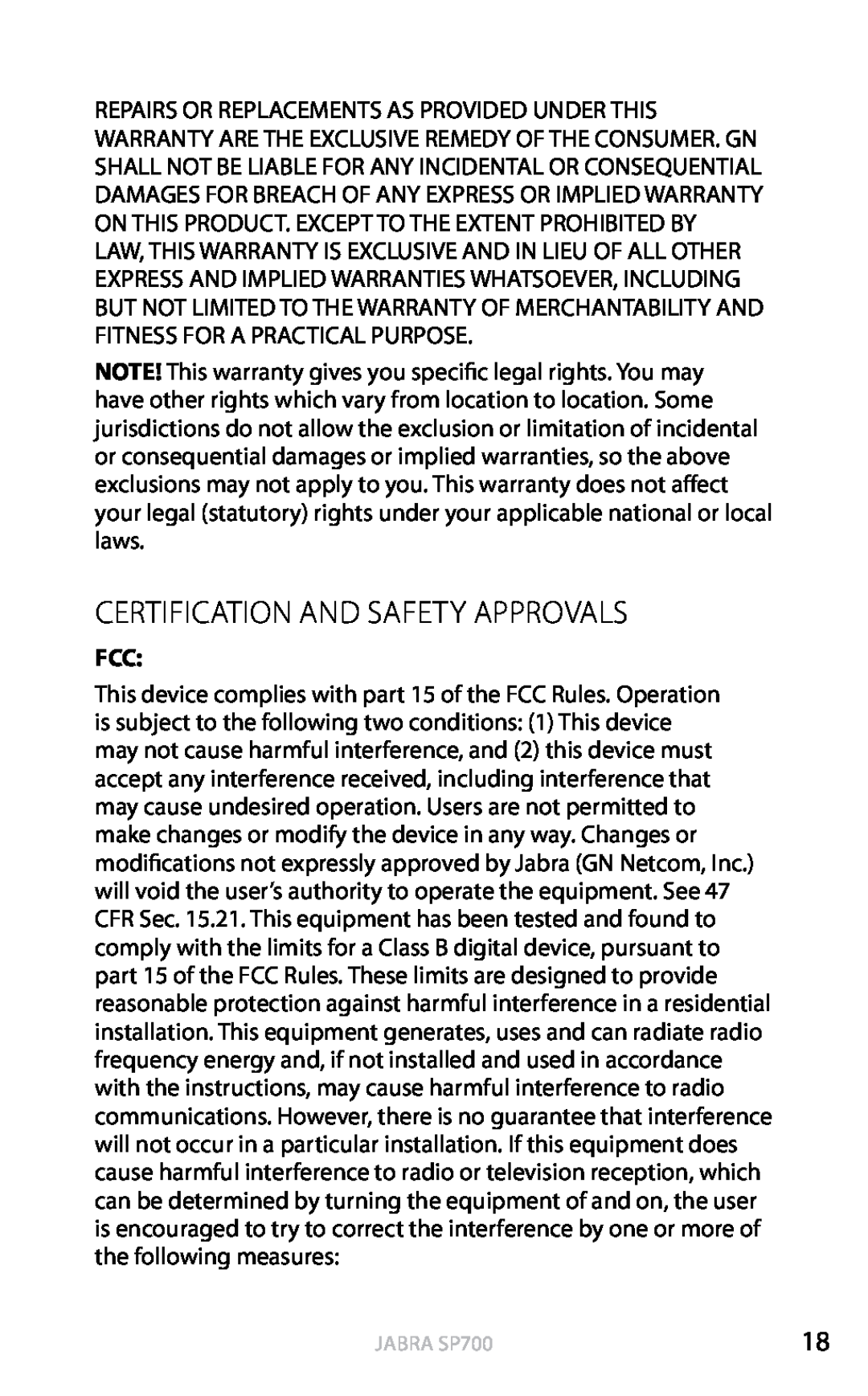 Jabra user manual Certification and safety approvals, english, Jabra SP700 