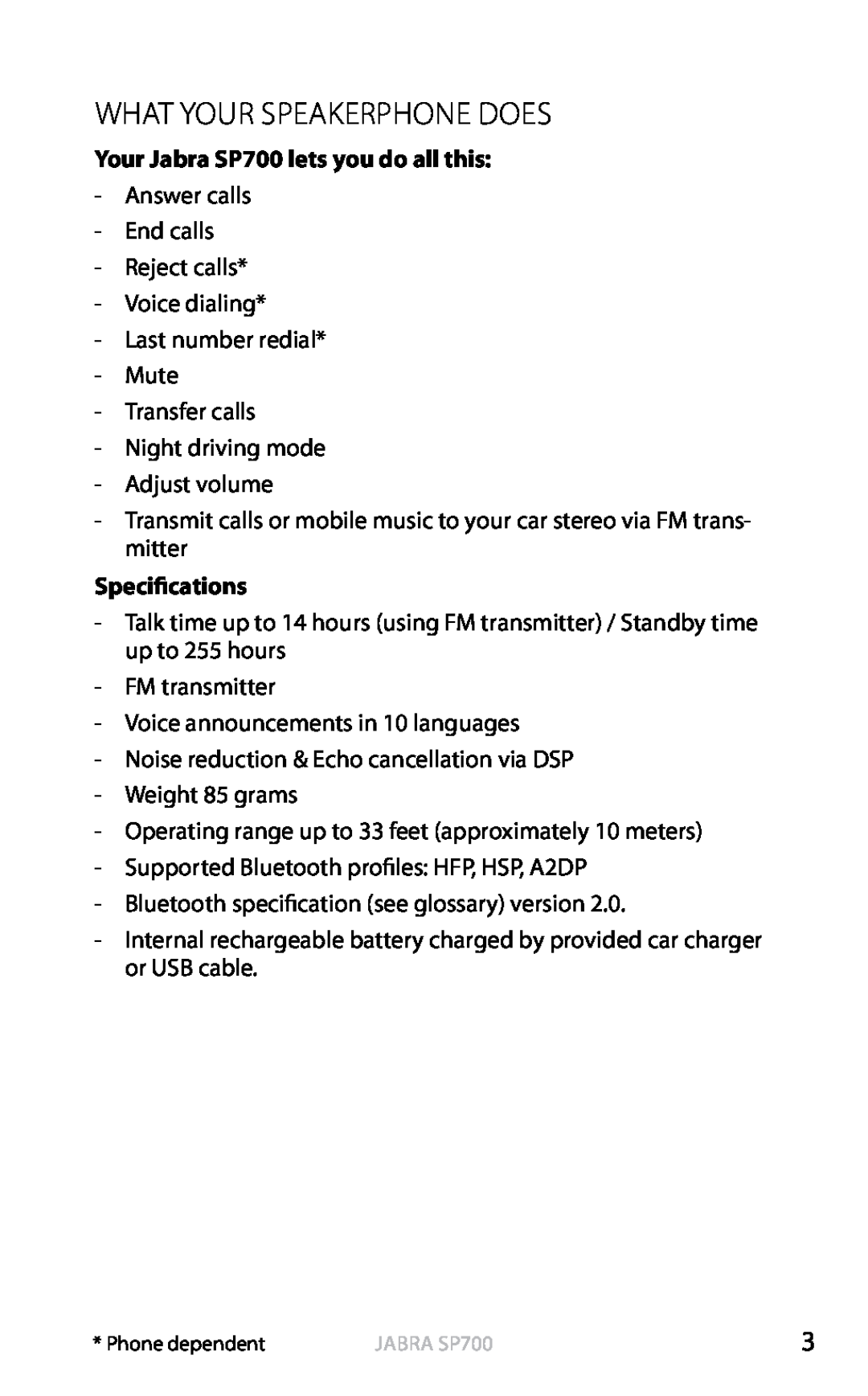 Jabra user manual What your Speakerphone DOES, Your Jabra SP700 lets you do all this, Specifications, english 