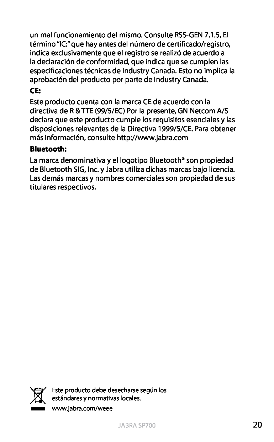 Jabra user manual Español, Bluetooth, Jabra SP700 